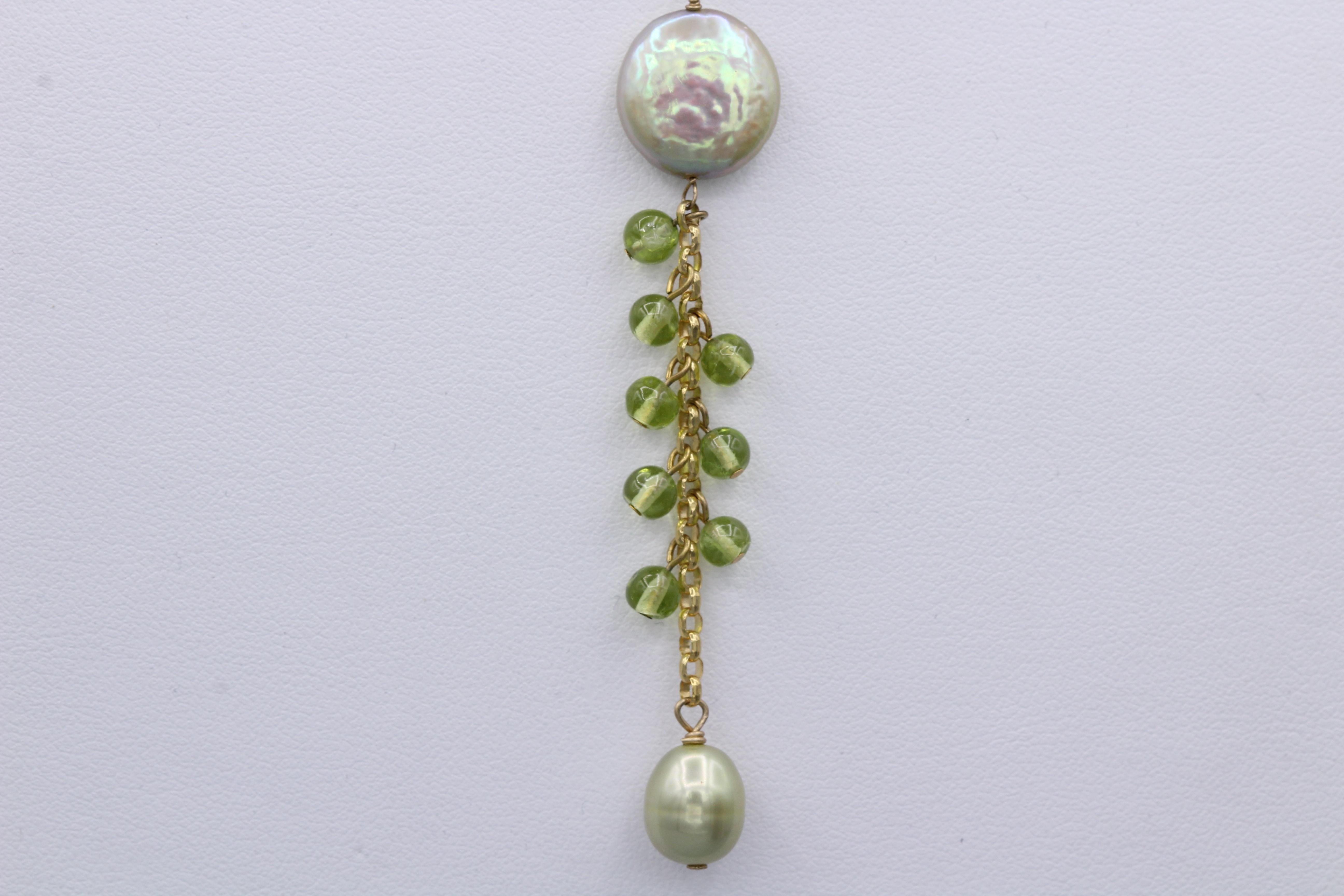 Dangling Peridot Necklace 14 Karat Yellow Gold Bead Wire Green Stones In New Condition For Sale In Brooklyn, NY