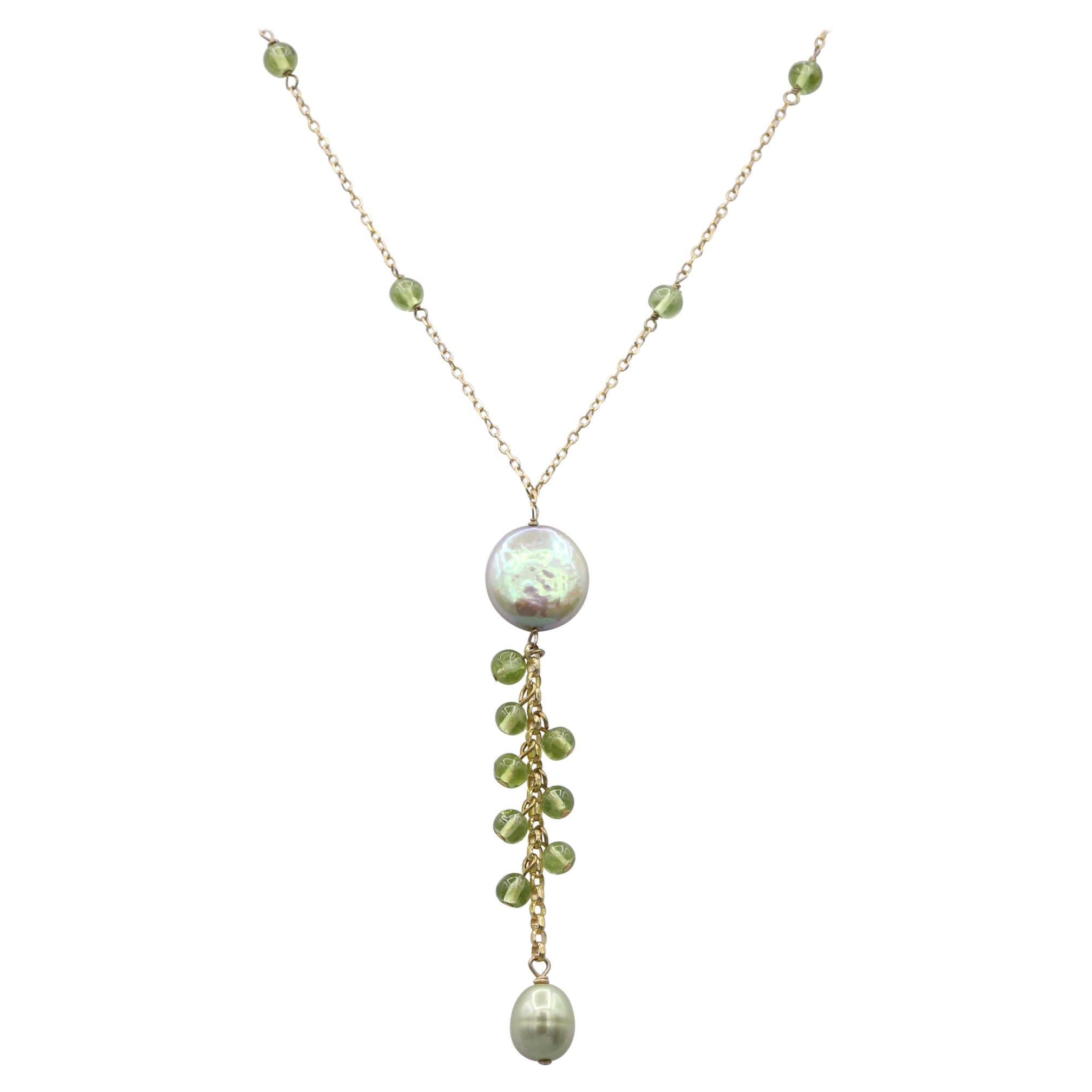 Dangling Peridot Necklace 14 Karat Yellow Gold Bead Wire Green Stones For Sale