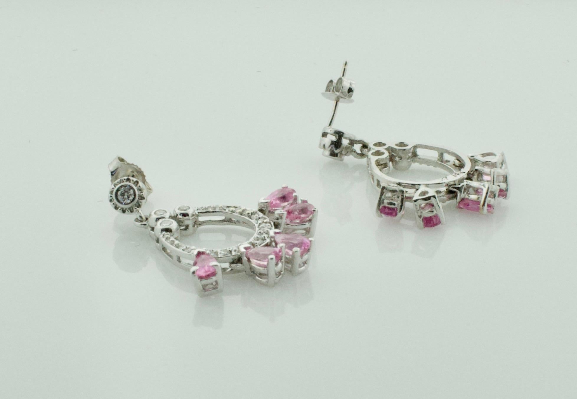 Pear Cut Dangling Pink Sapphire and Diamond Earrings in White Gold For Sale