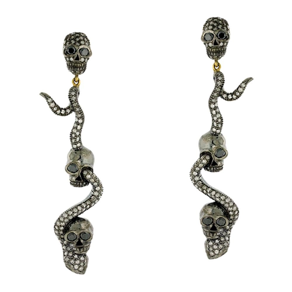 Dangling Snake and Skull Diamond Earring in Silver and Gold For Sale