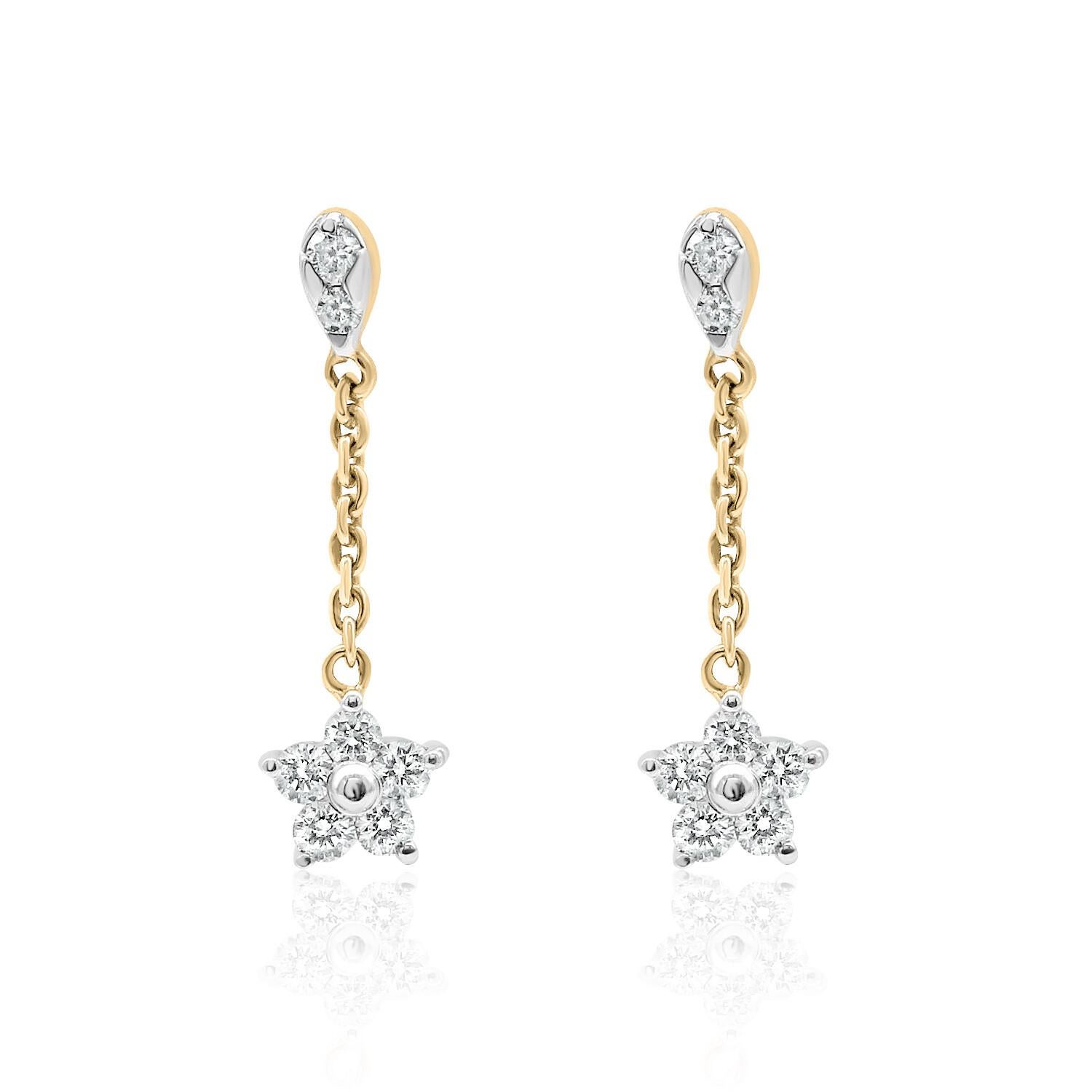 Splendid Dangling Star Diamond Earrings, featuring:
✧ 14 natural earth mined diamonds G-H color VS-SI weighing 0.22 carats 
✧ Measurements: 16.5mm
✧ Available in 14K White, Yellow, and Rose Gold
✧ Push back friction closure
✧ Free appraisal included