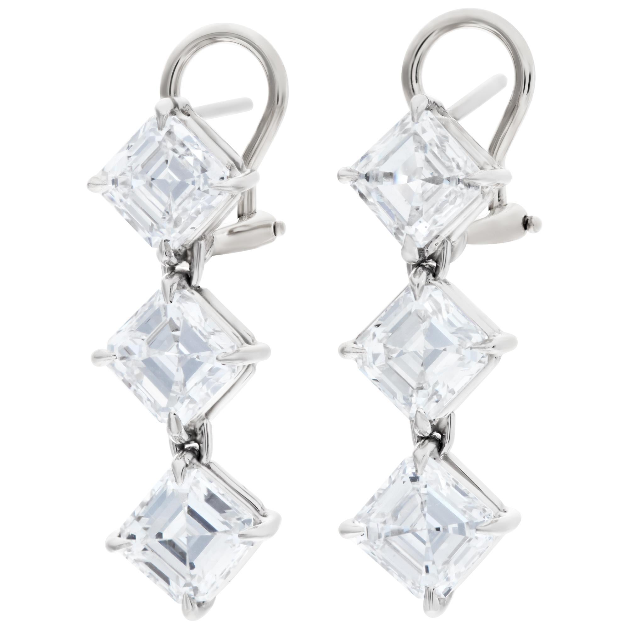 All GIA Certified, 6 asscher cut diamonds totaling 6.02 carats, set as dangling stud earrings, 14K white gold, with secure omega/clip post- Each earrings: Asscher top: 0.99 carat E/SI1 &  1.00 G/SI1-  Middle: Asscher cut: 1.00 carat D/SI1 & 1.01