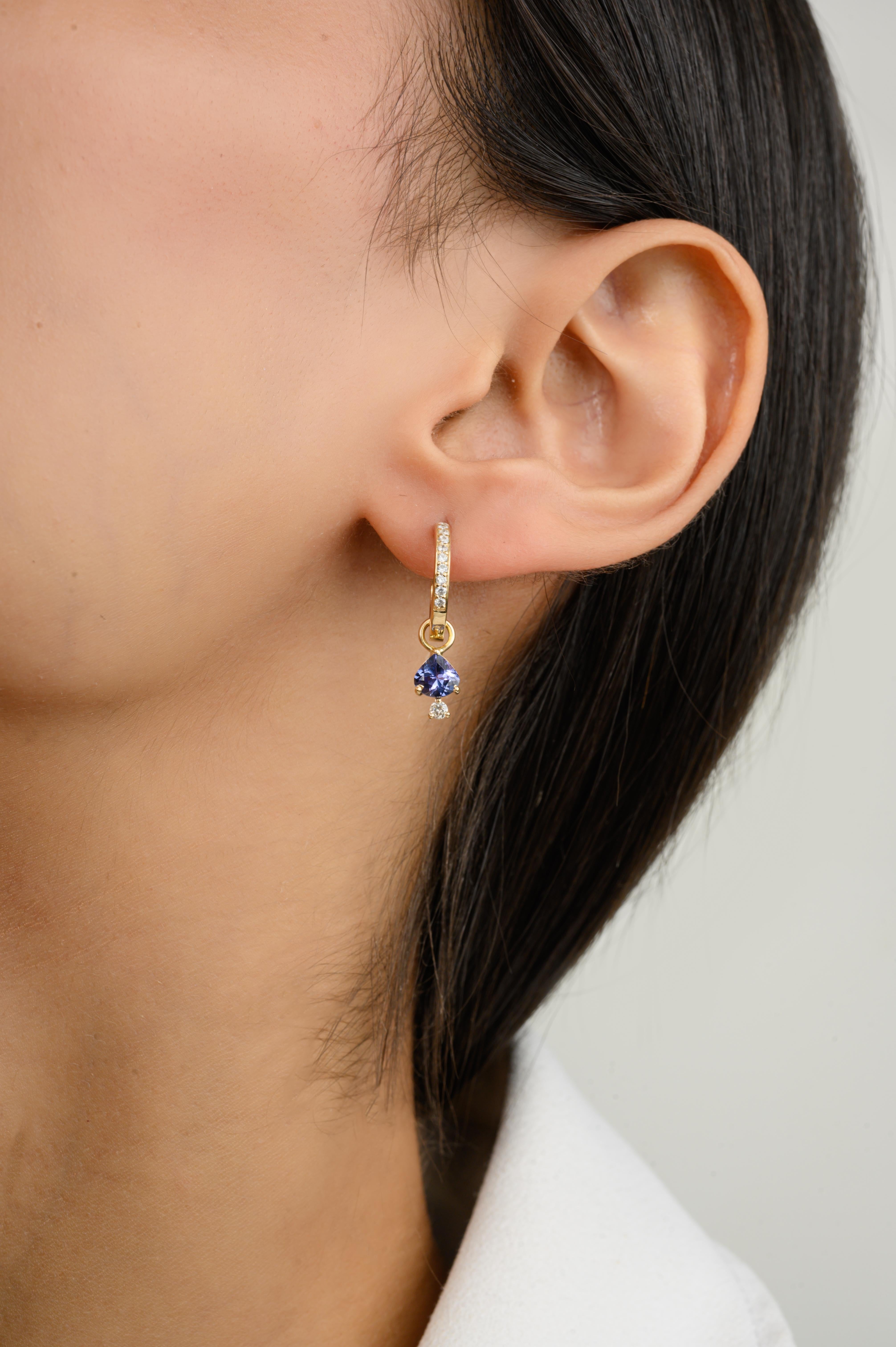 Dangling Tanzanite Diamond Huggie Hoop Earrings Gift in 14K Gold to make a statement with your look. You shall need these huggie hoop earrings to make a statement with your look. These earrings create a sparkling, luxurious look featuring trillion