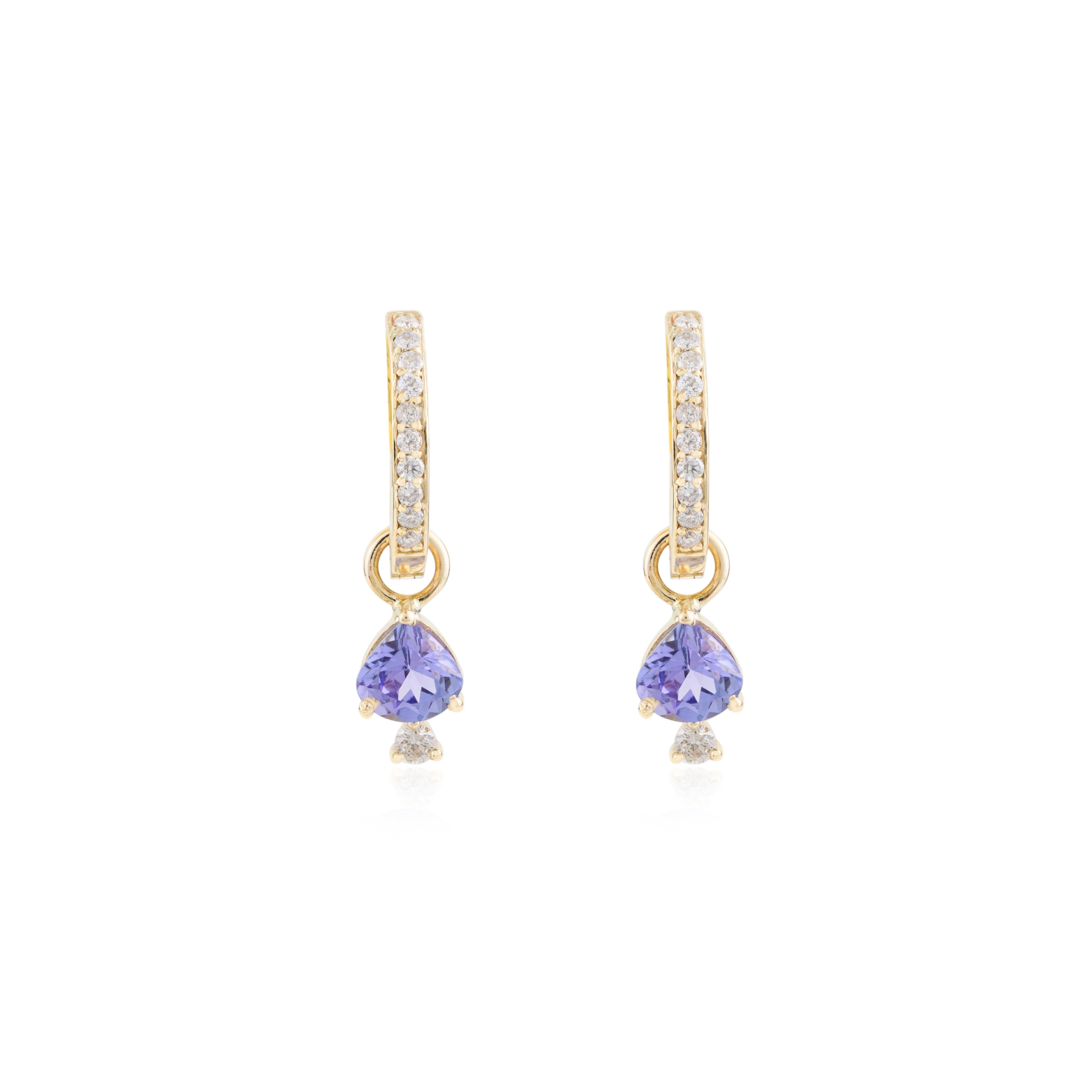 Modernist Dangling Tanzanite Diamond Huggie Hoop Earrings Gift in 14k Solid Yellow Gold For Sale