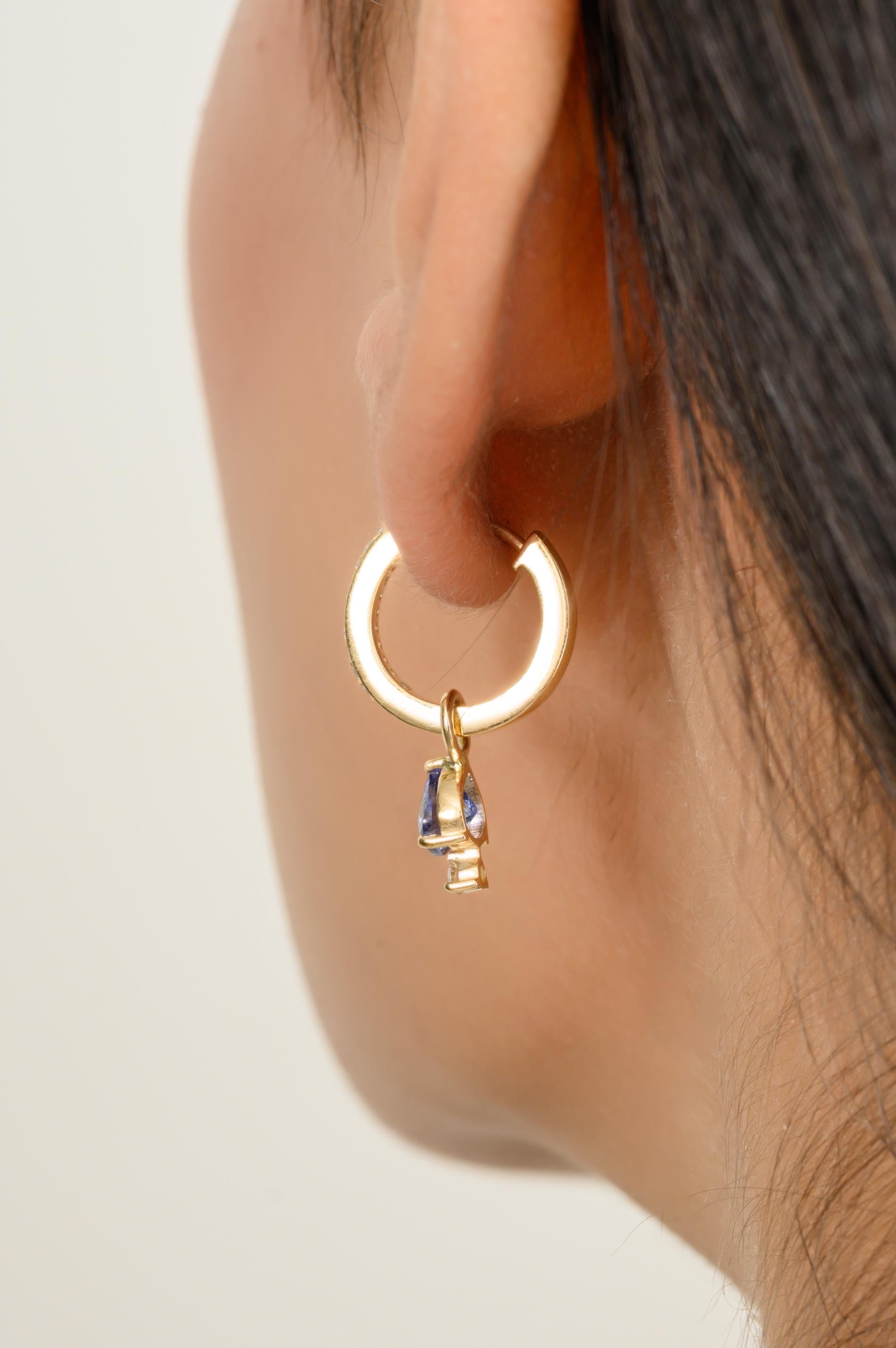 Trillion Cut Dangling Tanzanite Diamond Huggie Hoop Earrings Gift in 14k Solid Yellow Gold For Sale