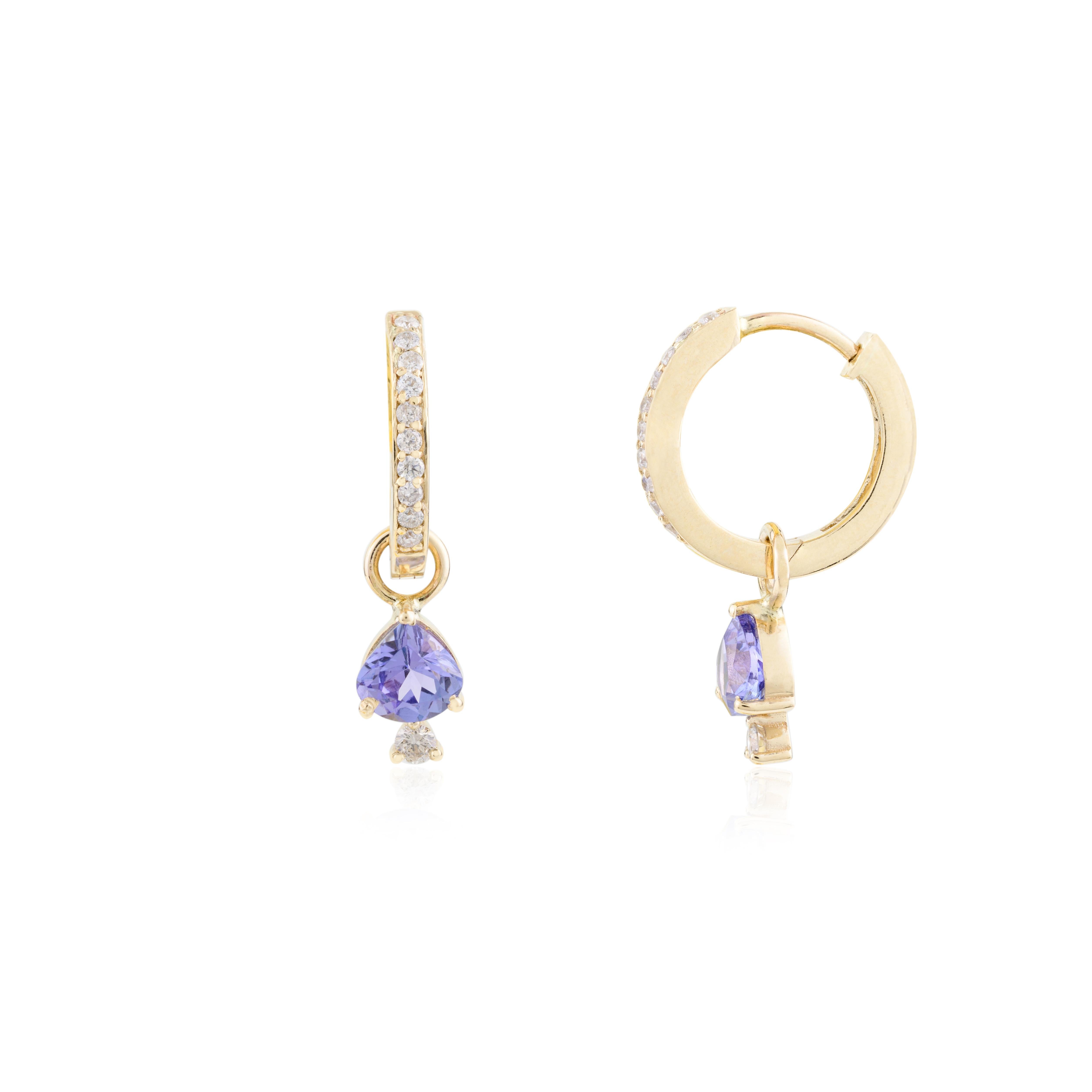 Dangling Tanzanite Diamond Huggie Hoop Earrings Gift in 14k Solid Yellow Gold In New Condition For Sale In New York, NY