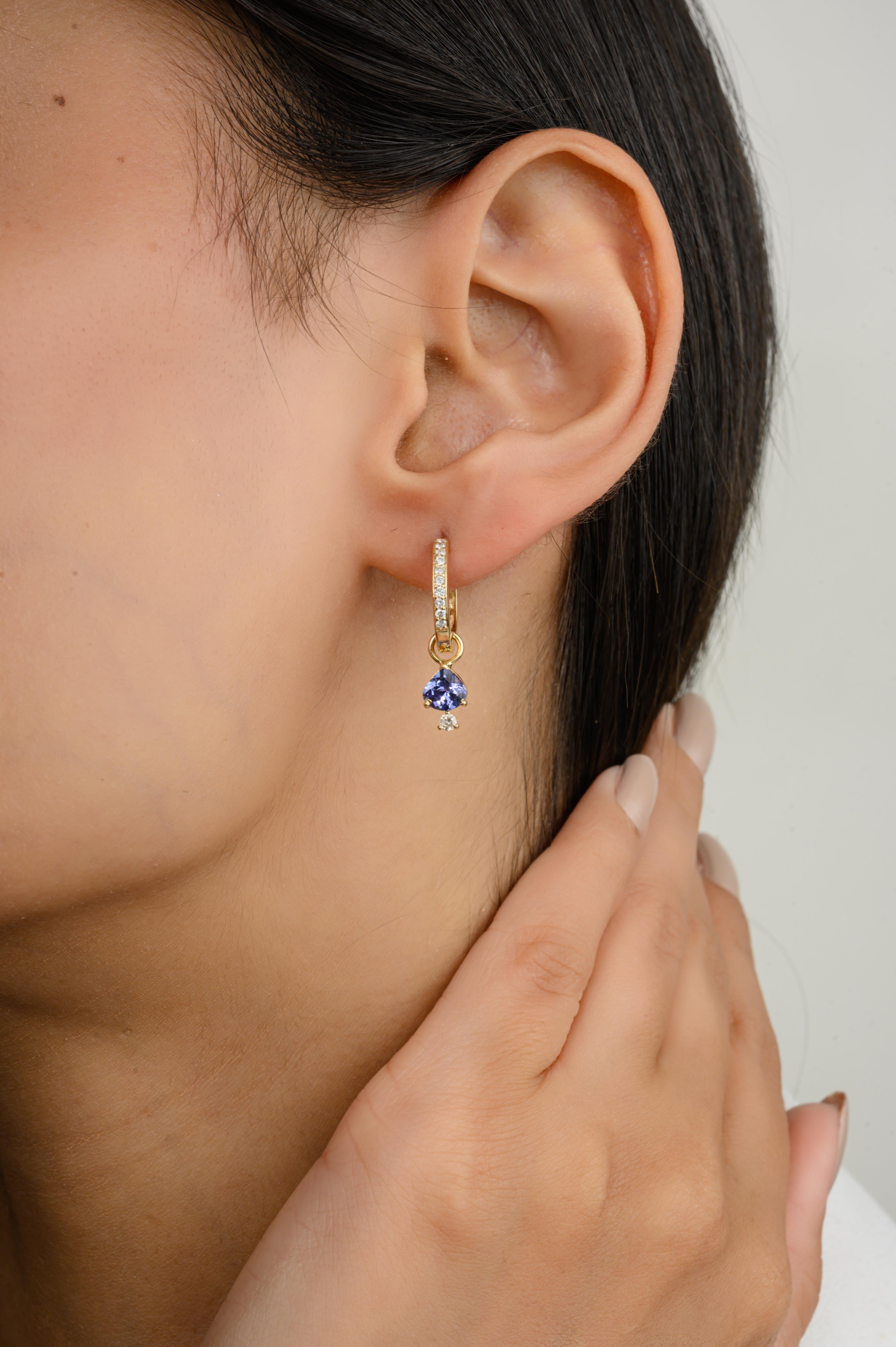 Women's Dangling Tanzanite Diamond Huggie Hoop Earrings Gift in 14k Solid Yellow Gold For Sale