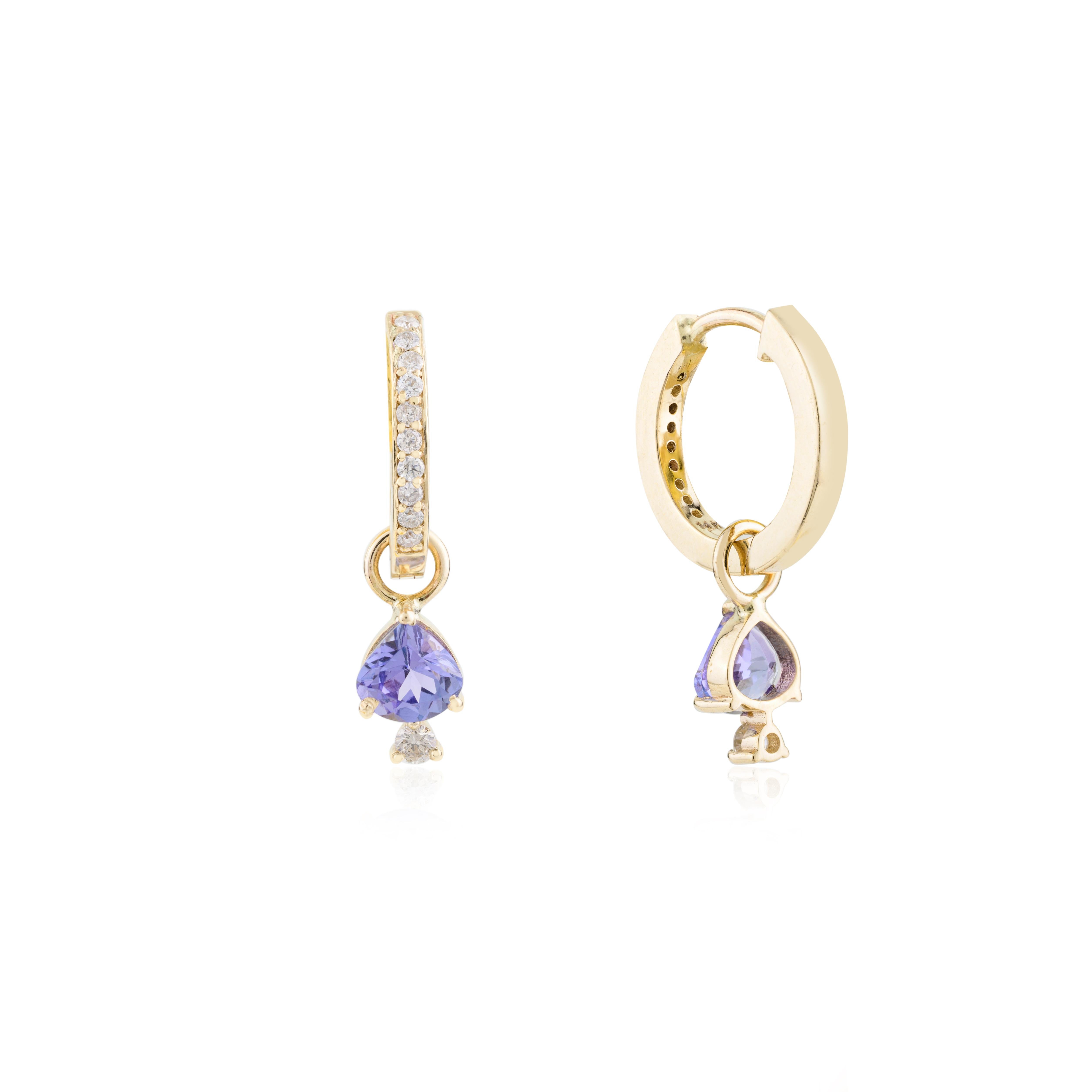 Dangling Tanzanite Diamond Huggie Hoop Earrings Gift in 14k Solid Yellow Gold For Sale 1