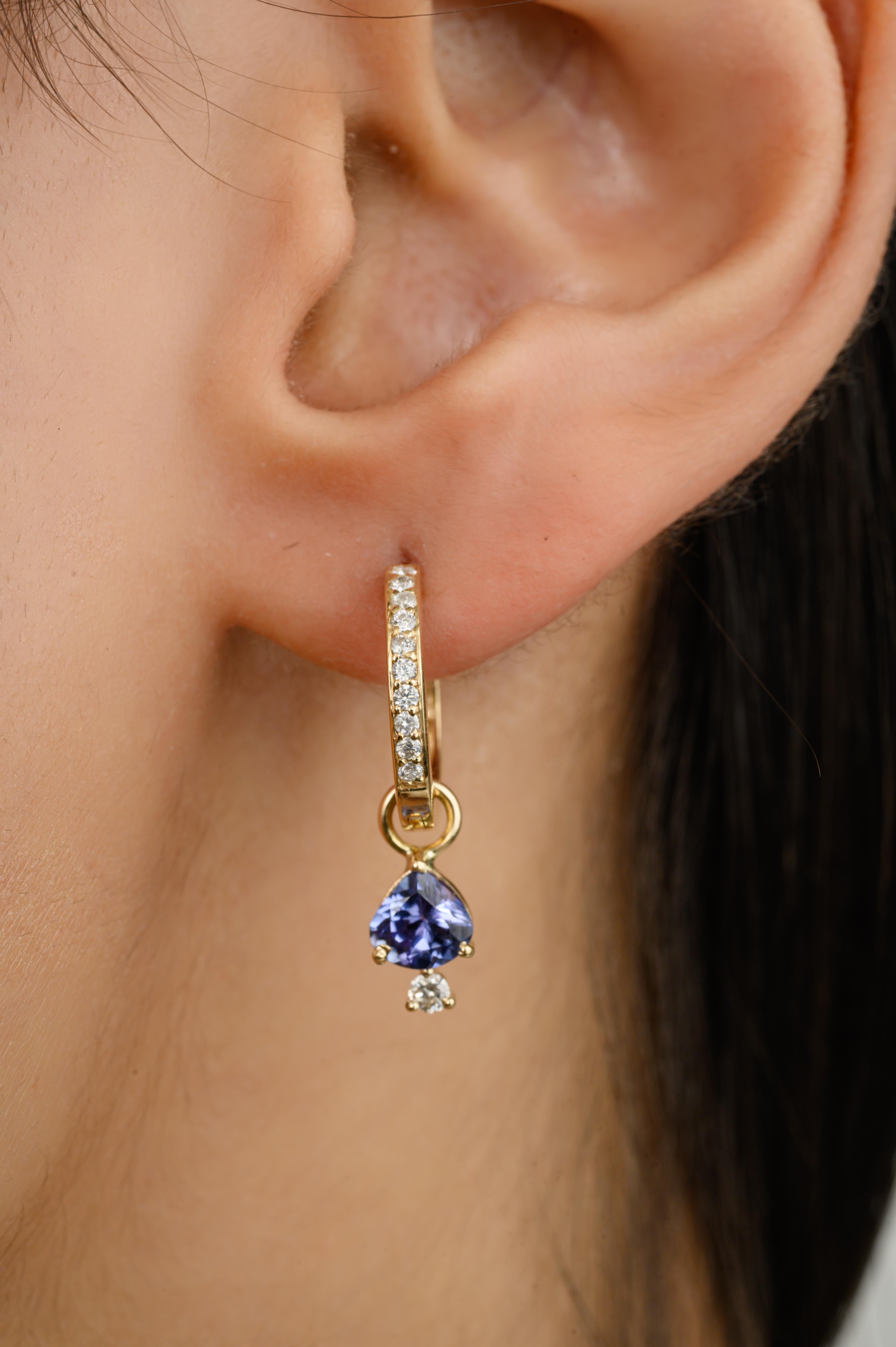 Dangling Tanzanite Diamond Huggie Hoop Earrings Gift in 14k Solid Yellow Gold For Sale 2