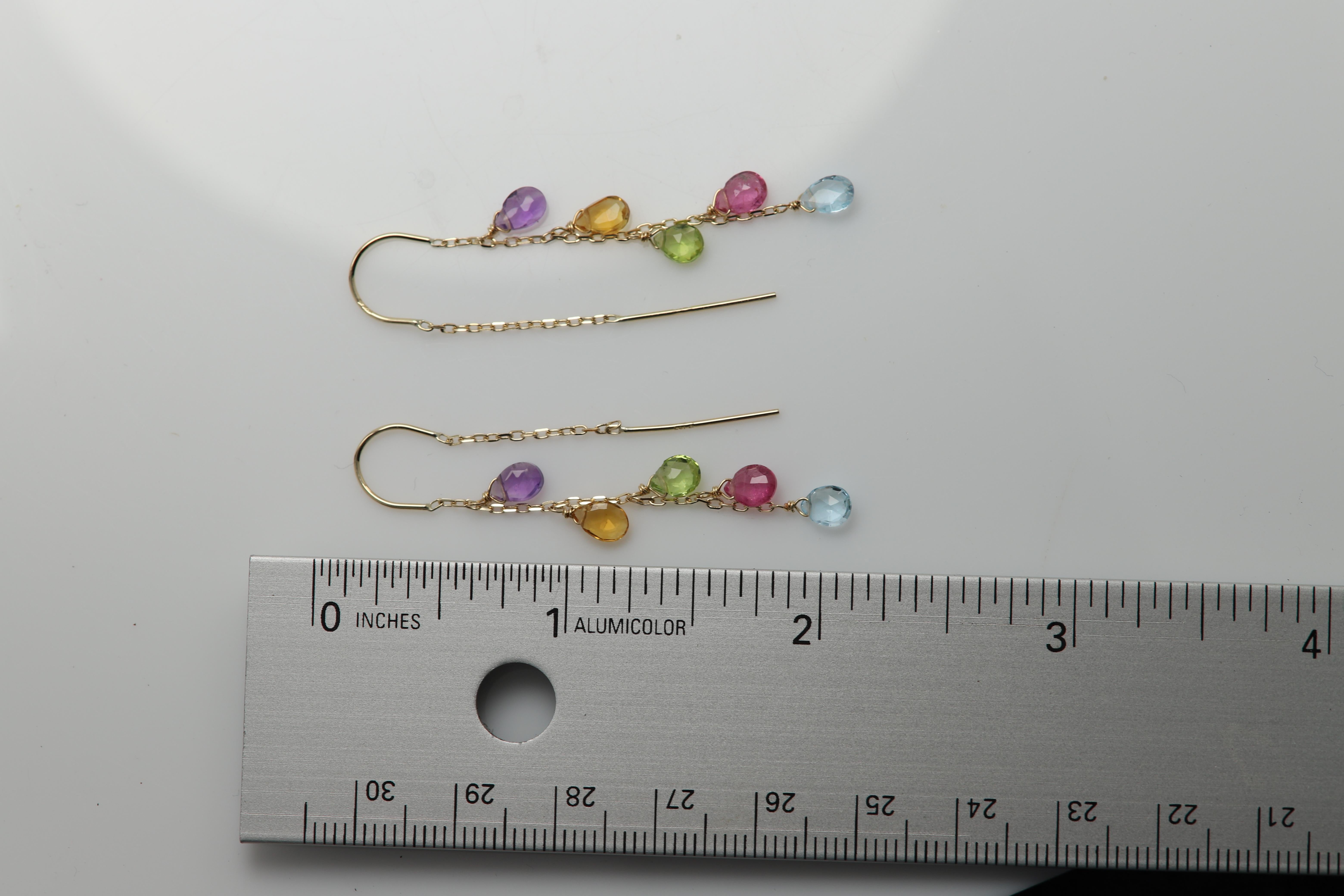 Dangling Threaders Earrings Multi Color Semi Precious Gems 14k Yellow Gold  In New Condition In Brooklyn, NY