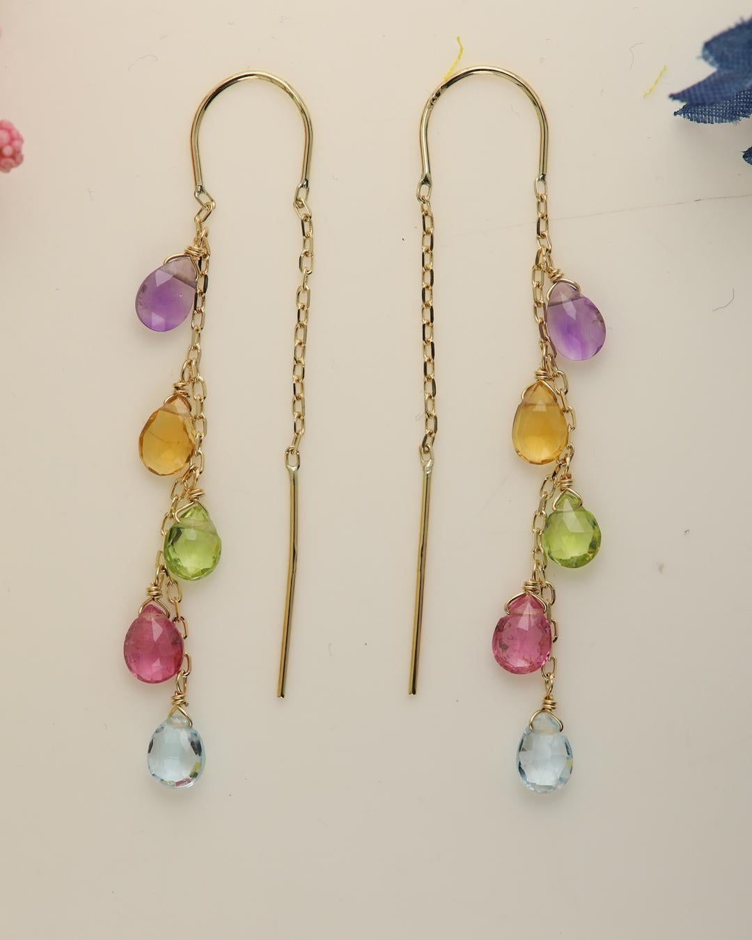 Women's Dangling Threaders Earrings Multi Color Semi Precious Gems 14k Yellow Gold 