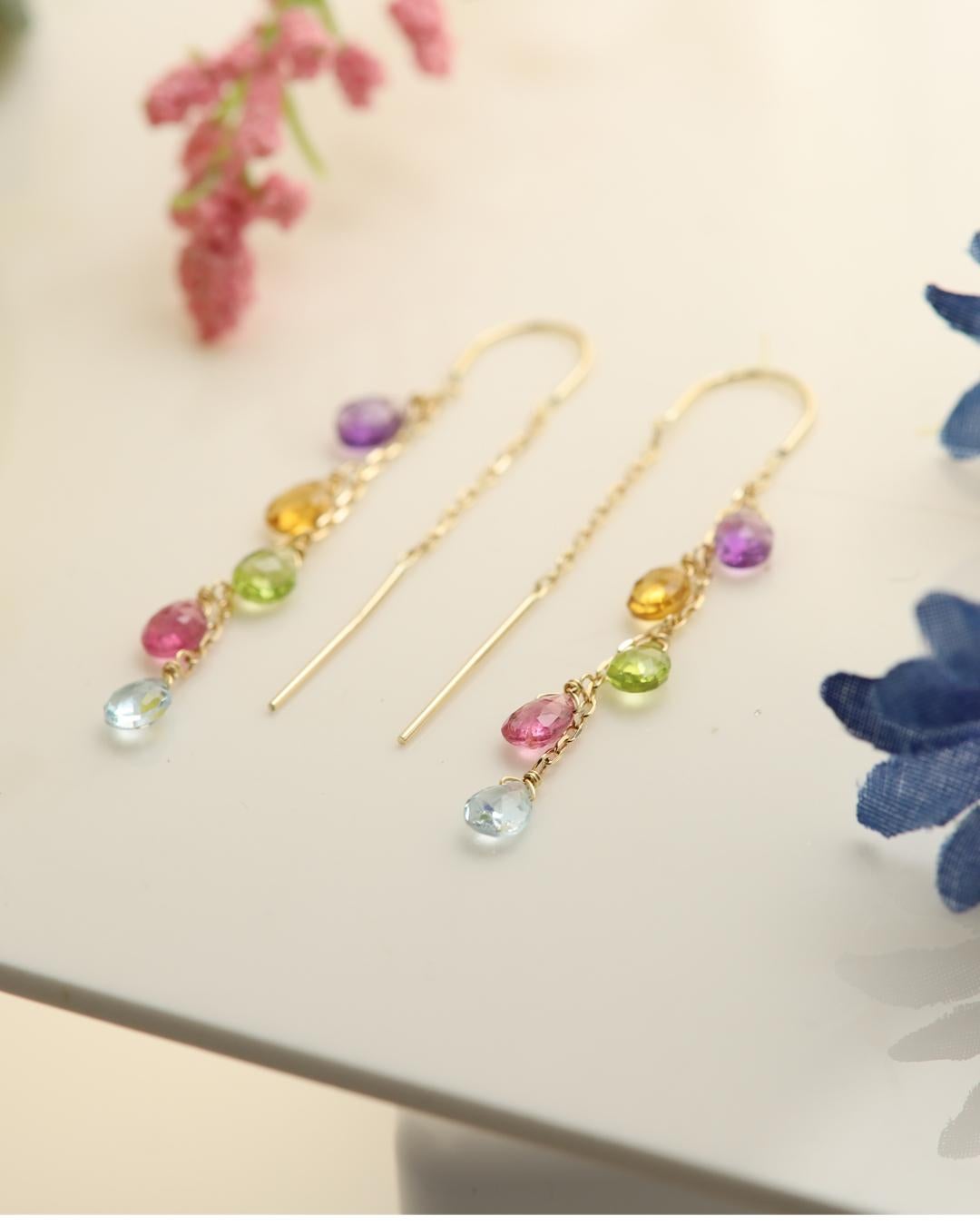 Dangling Threaders Earrings Multi Color Semi Precious Gems 14k Yellow Gold  1