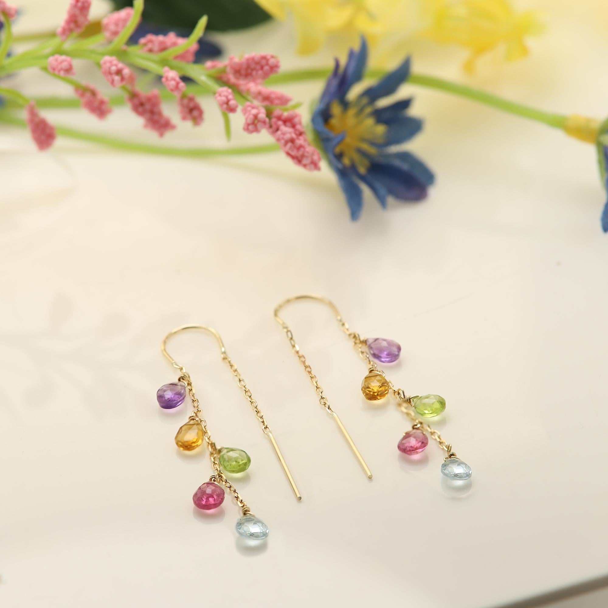 Dangling Threaders Earrings Multi Color Semi Precious Gems 14k Yellow Gold  2