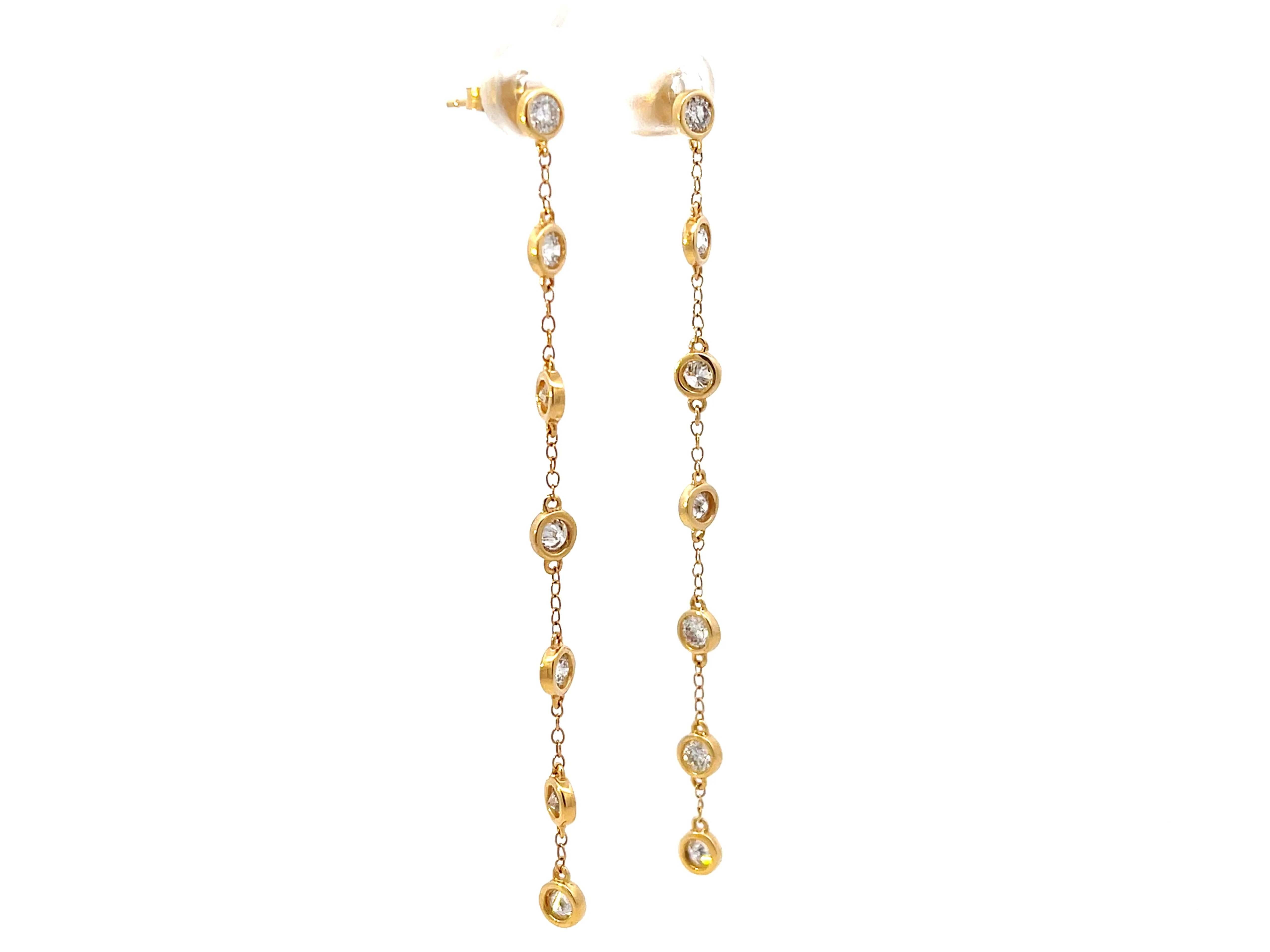 Modern Dangly Bezel Set Diamond 14K Gold Earrings For Sale