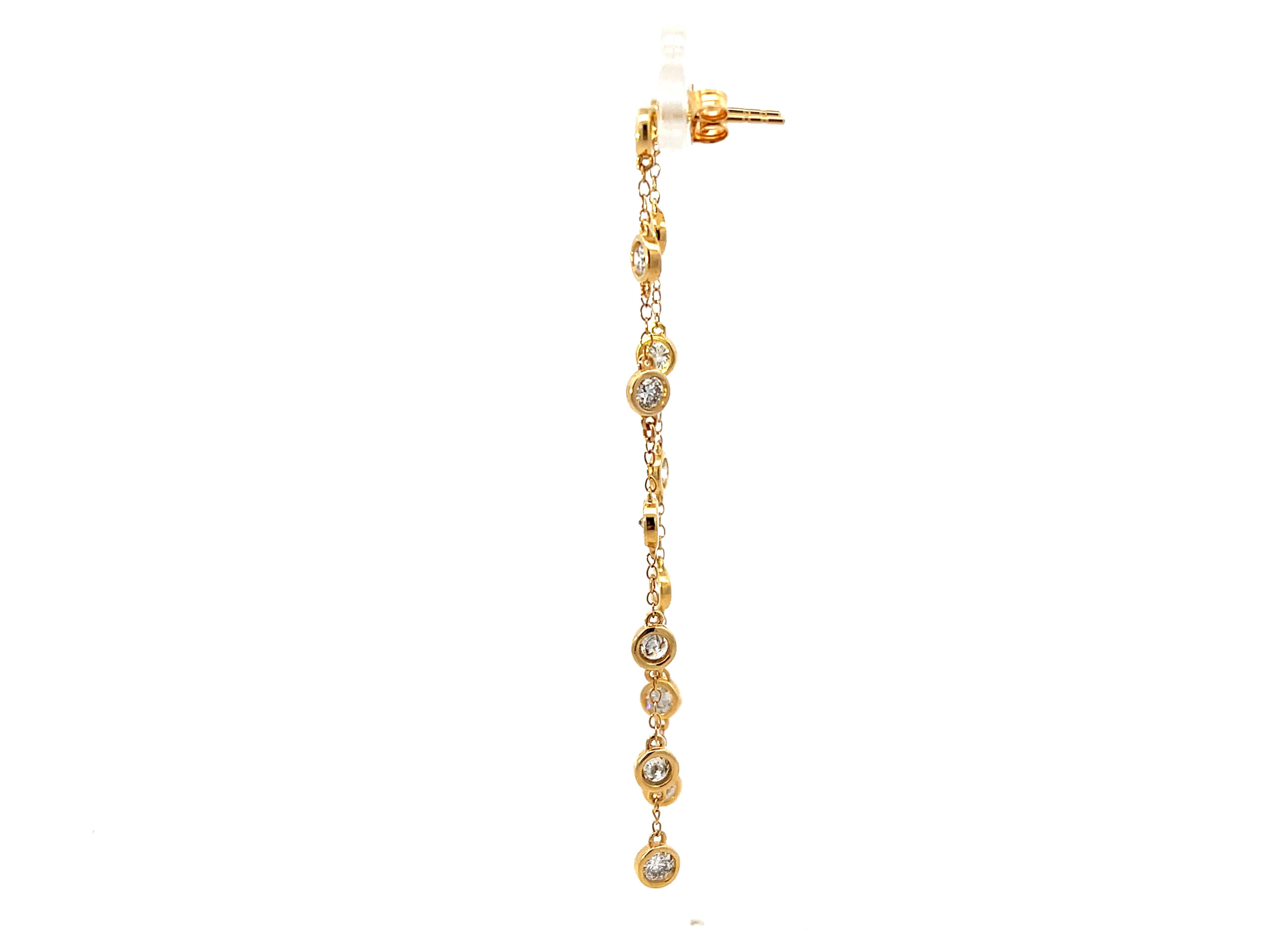 Women's Dangly Bezel Set Diamond 14K Gold Earrings For Sale