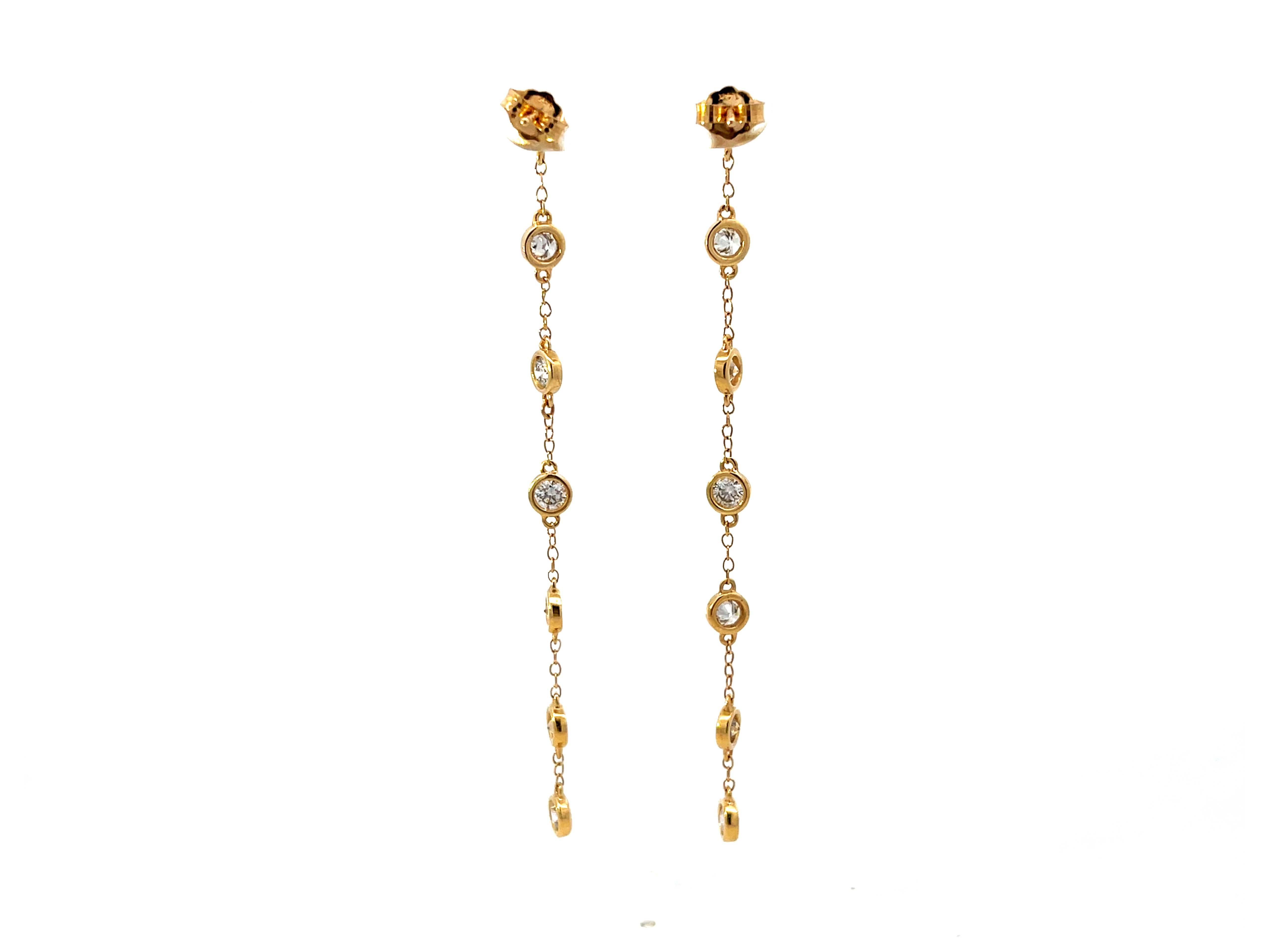 Dangly Bezel Set Diamond 14K Gold Earrings For Sale 1