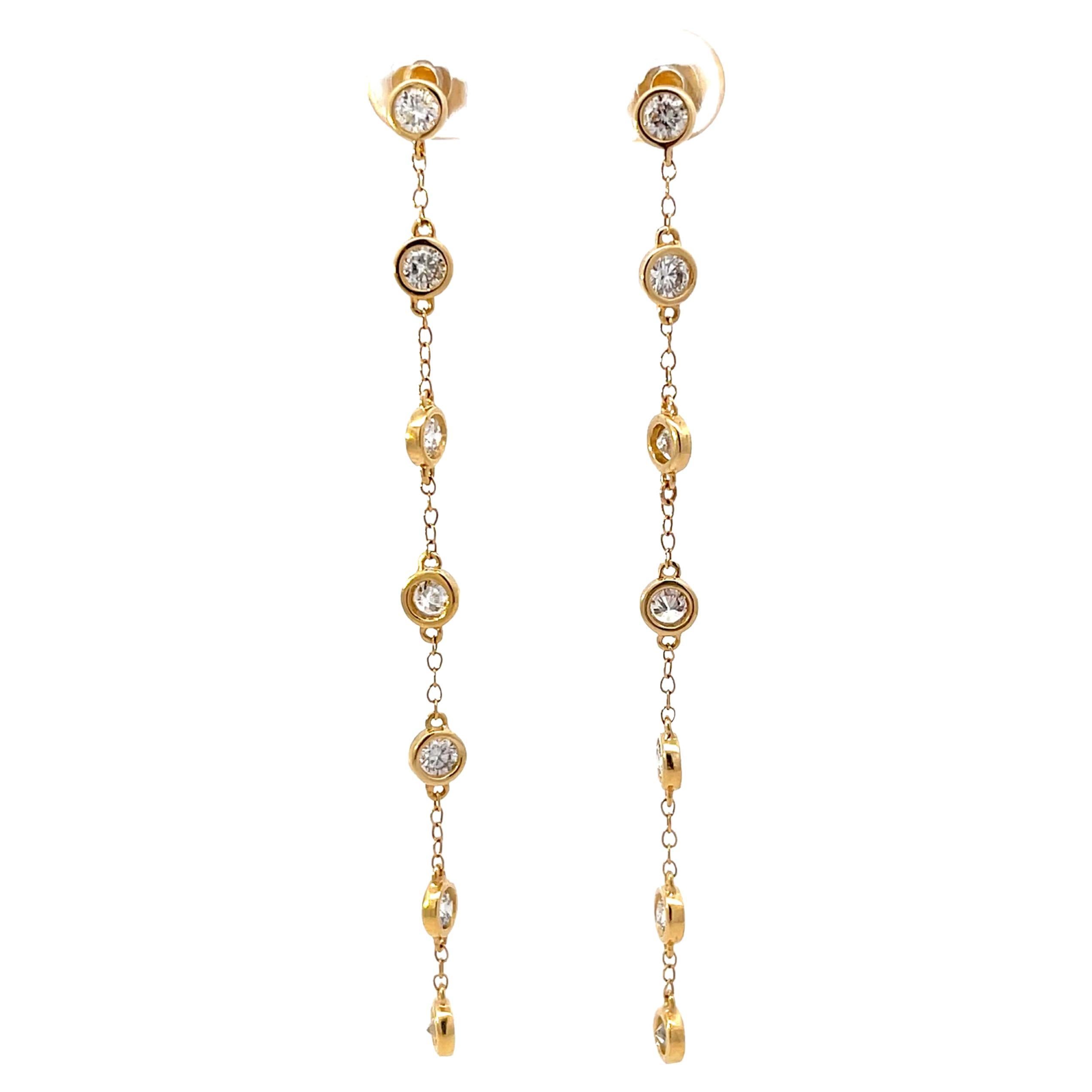 Dangly Bezel Set Diamond 14K Gold Earrings For Sale