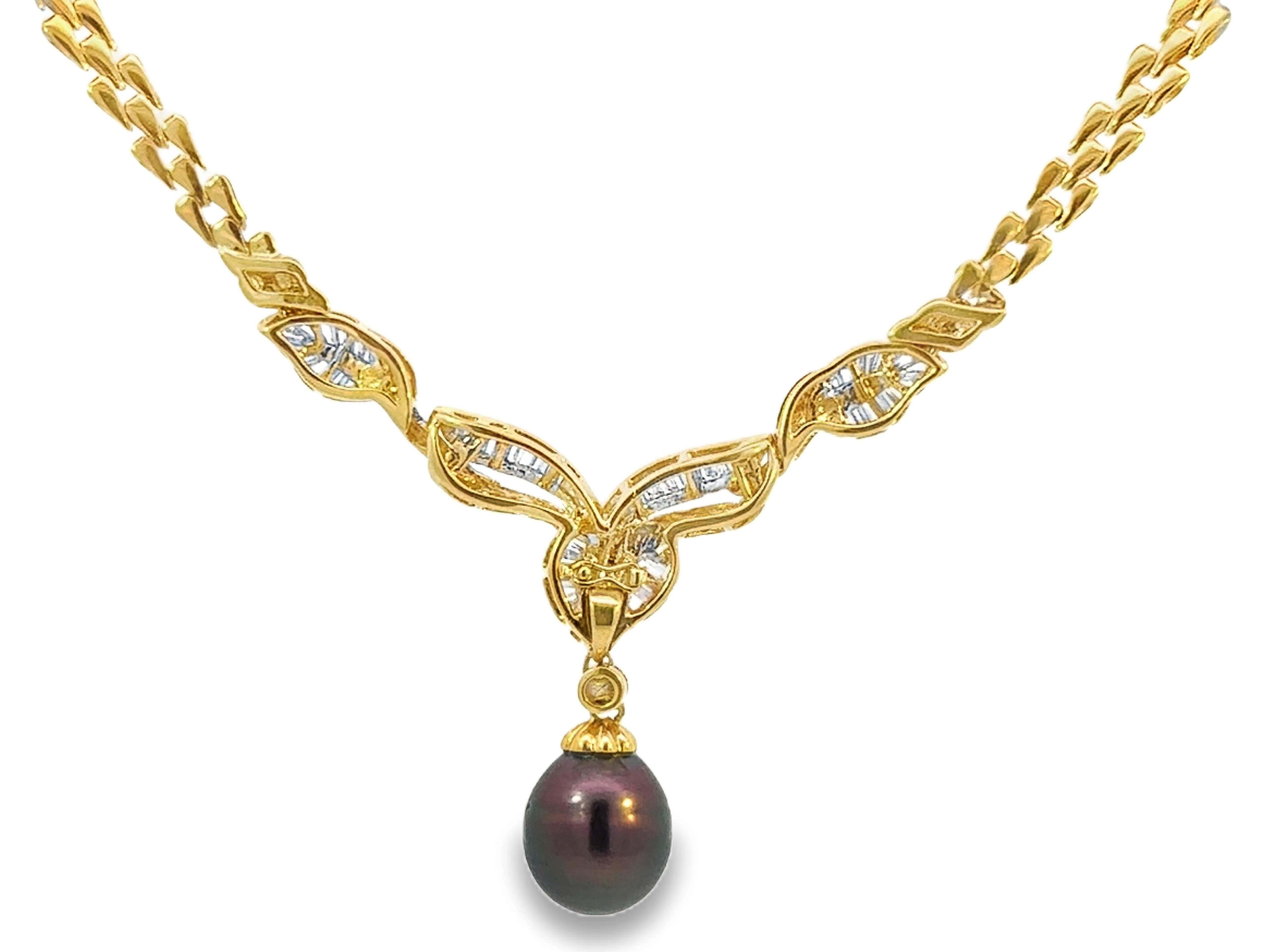 Dangly Schokolade Tahiti Pfau Perle Baguette Diamant-Anhänger Halskette 18K im Angebot 5