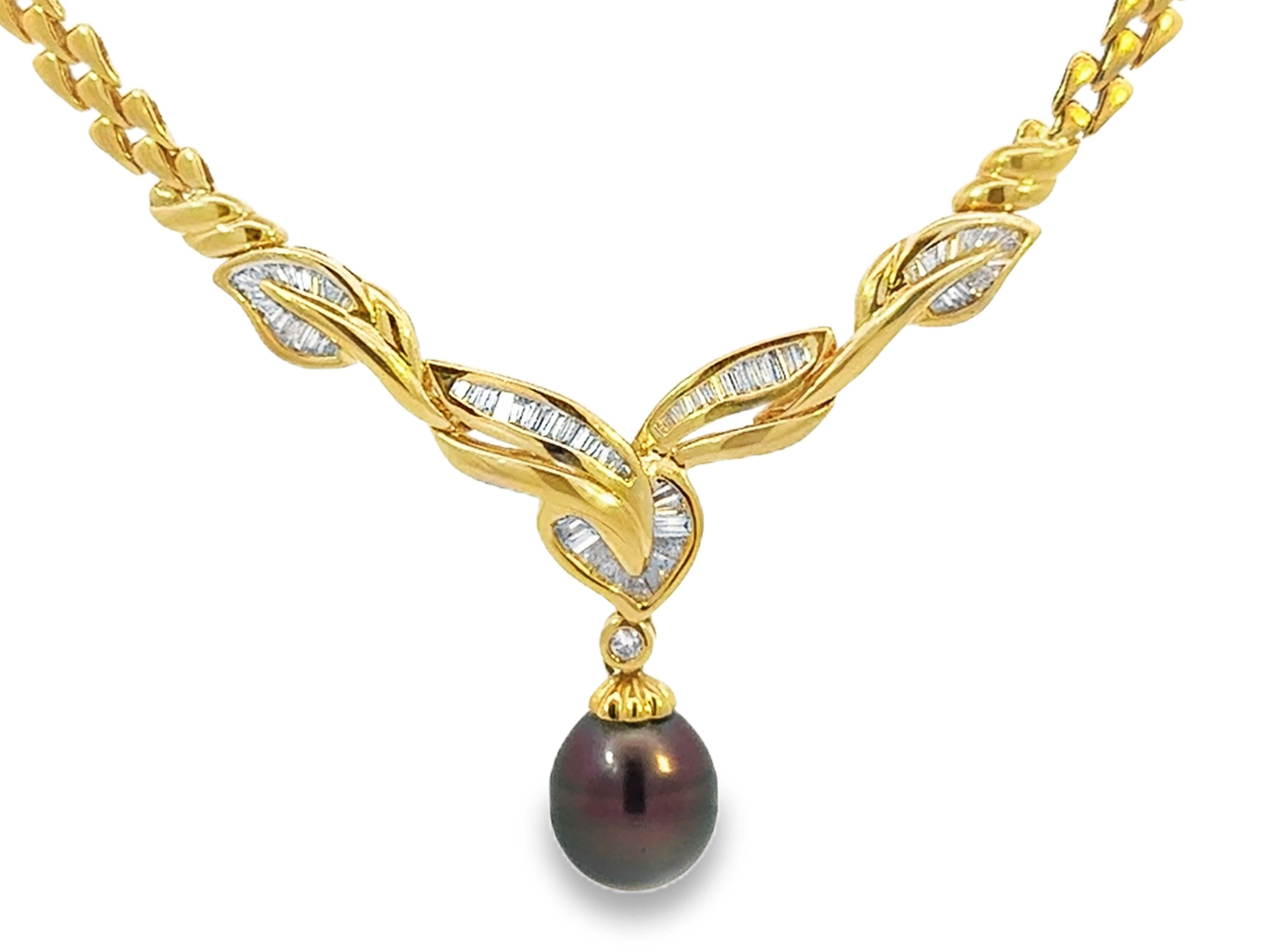 Dangly Schokolade Tahiti Pfau Perle Baguette Diamant-Anhänger Halskette 18K im Angebot 8
