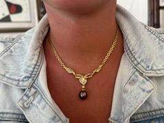 Dangly Chocolate Tahitian Peacock Pearl Baguette Diamond Pendant Necklace 18K