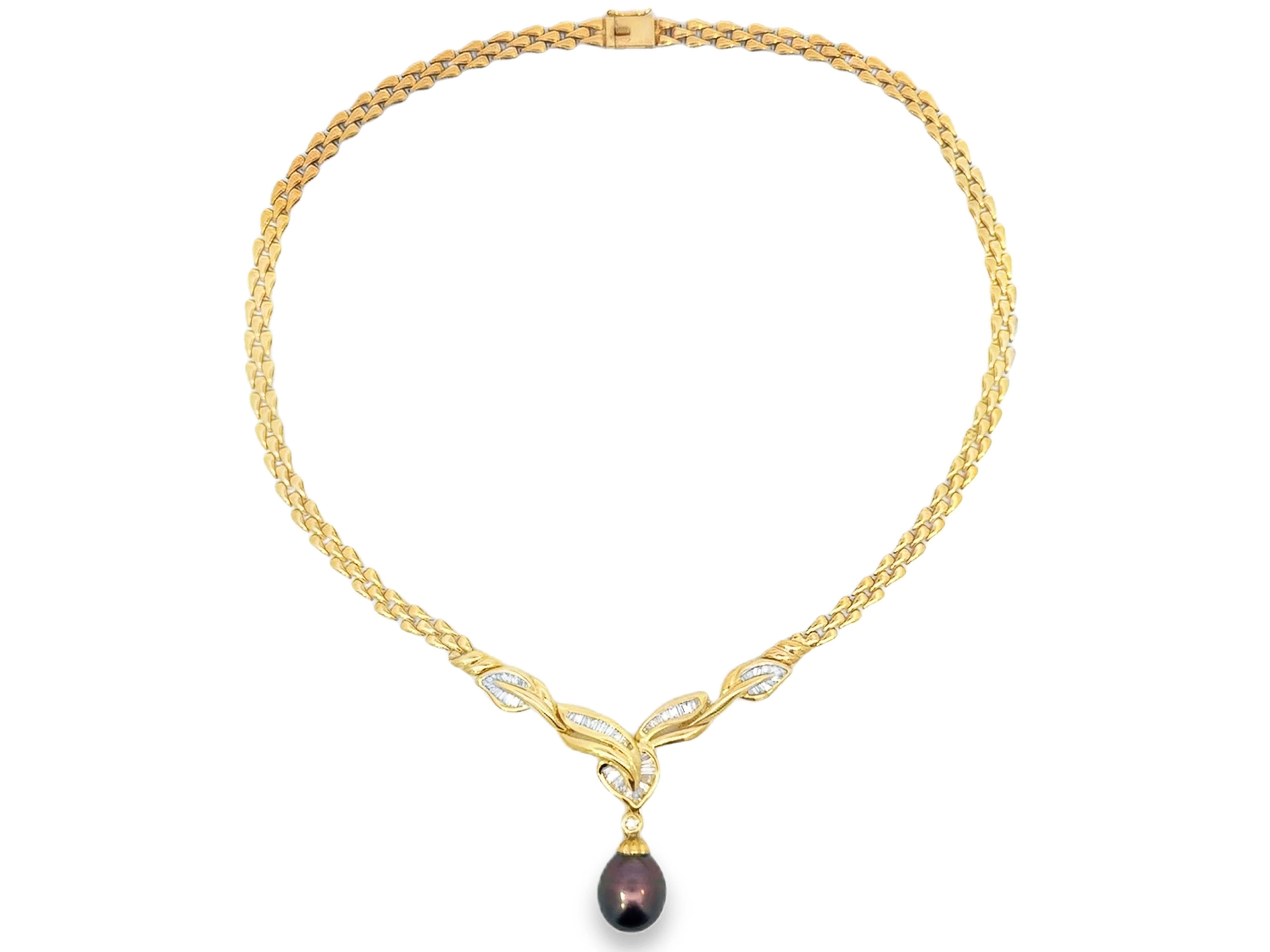 Dangly Schokolade Tahiti Pfau Perle Baguette Diamant-Anhänger Halskette 18K im Angebot 1