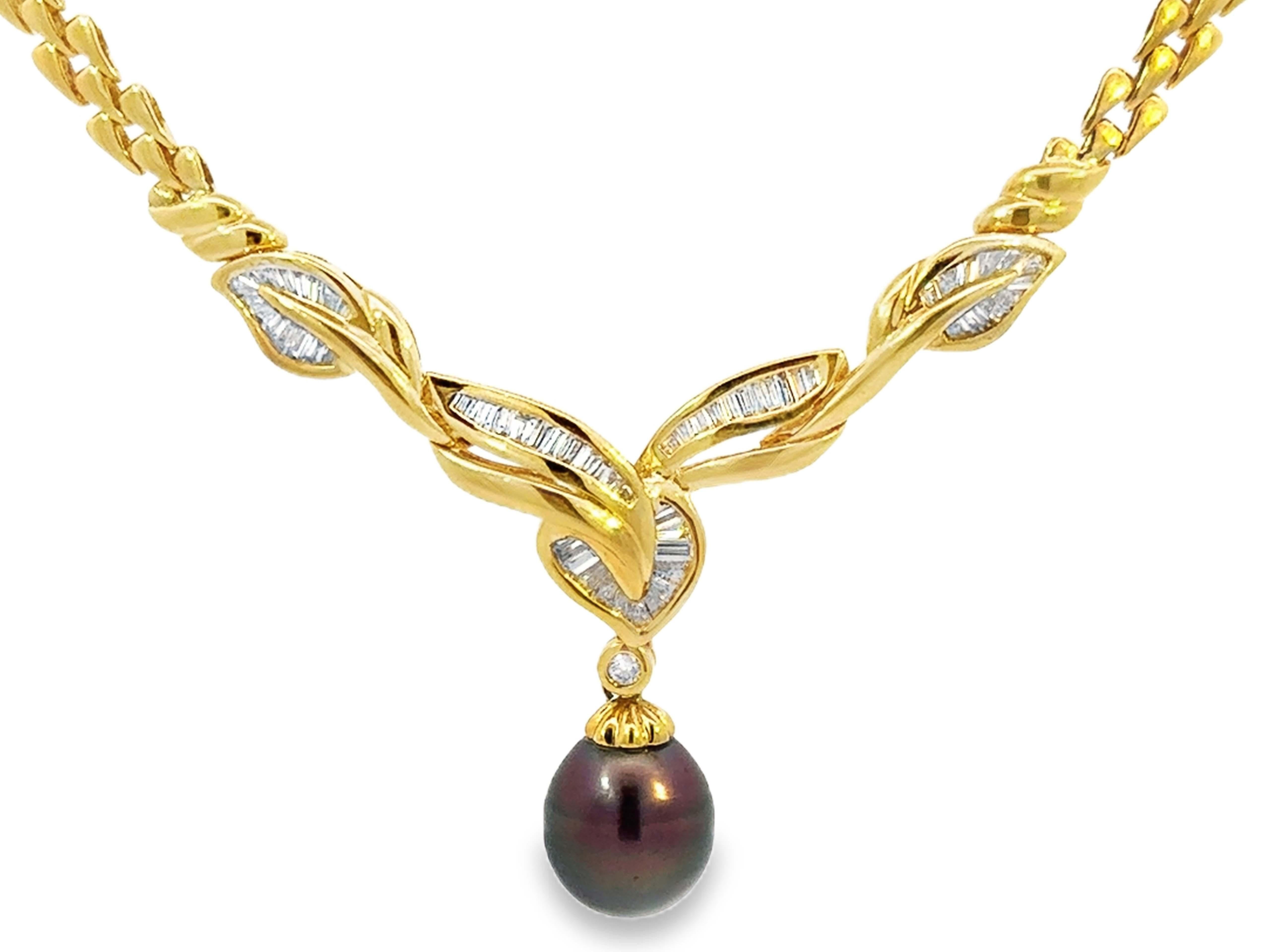 Dangly Schokolade Tahiti Pfau Perle Baguette Diamant-Anhänger Halskette 18K im Angebot 2