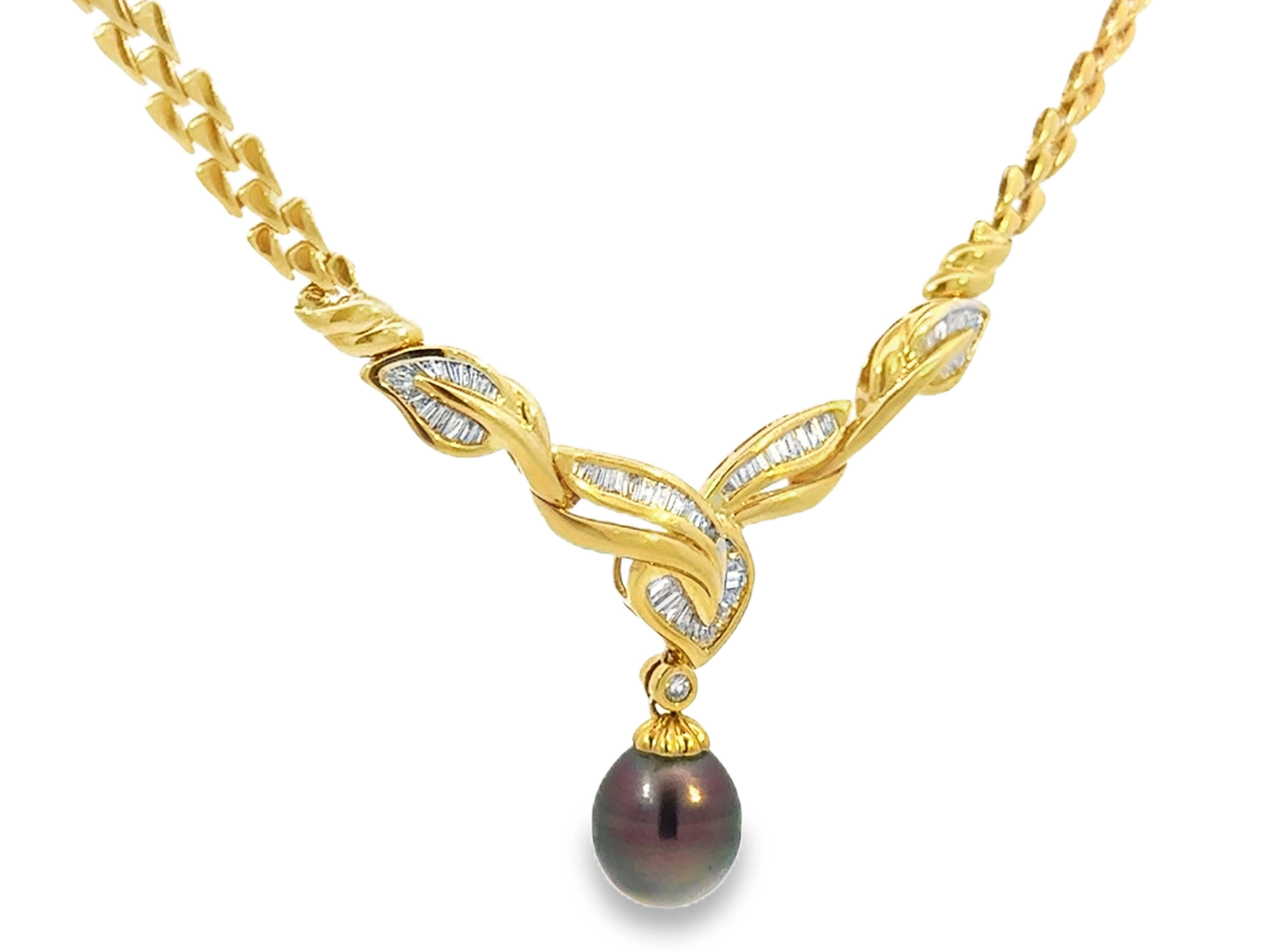 Dangly Schokolade Tahiti Pfau Perle Baguette Diamant-Anhänger Halskette 18K im Angebot 3