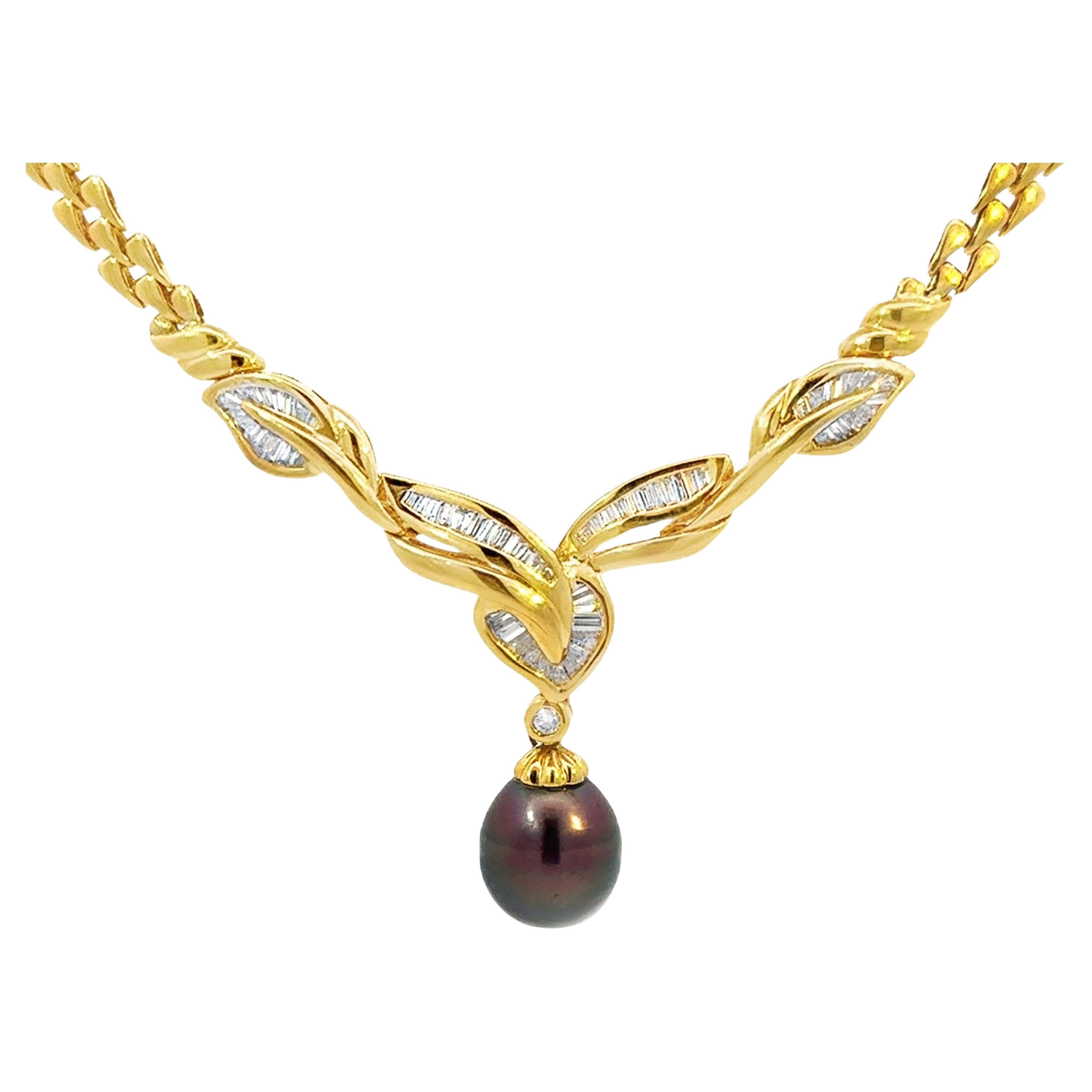 Dangly Schokolade Tahiti Pfau Perle Baguette Diamant-Anhänger Halskette 18K im Angebot