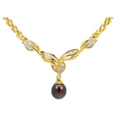 Dangly Schokolade Tahiti Pfau Perle Baguette Diamant-Anhänger Halskette 18K