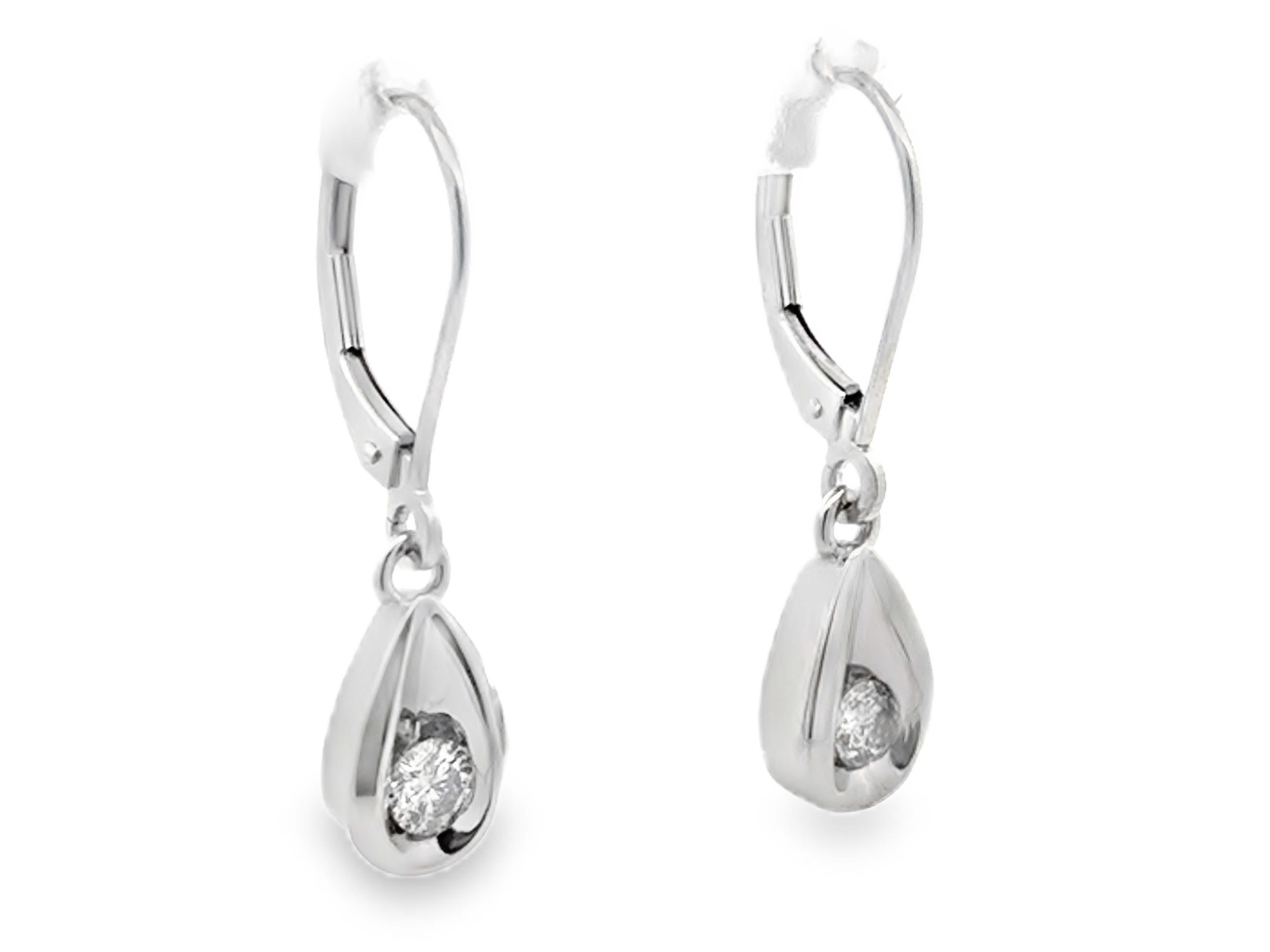 Modern Dangly Diamond Drop LeverBack Earrings 14K Solid White Gold For Sale