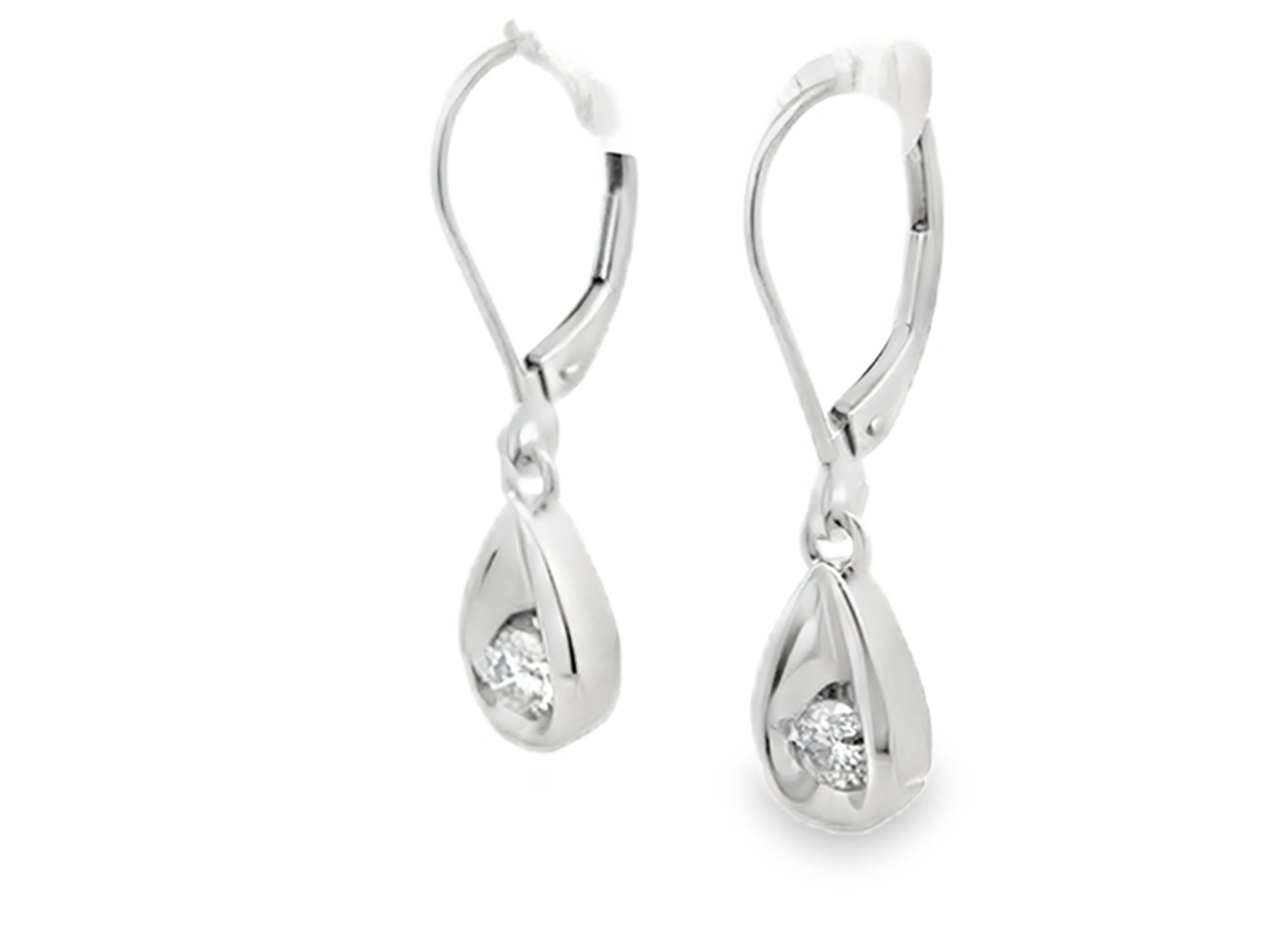 Brilliant Cut Dangly Diamond Drop LeverBack Earrings 14K Solid White Gold For Sale