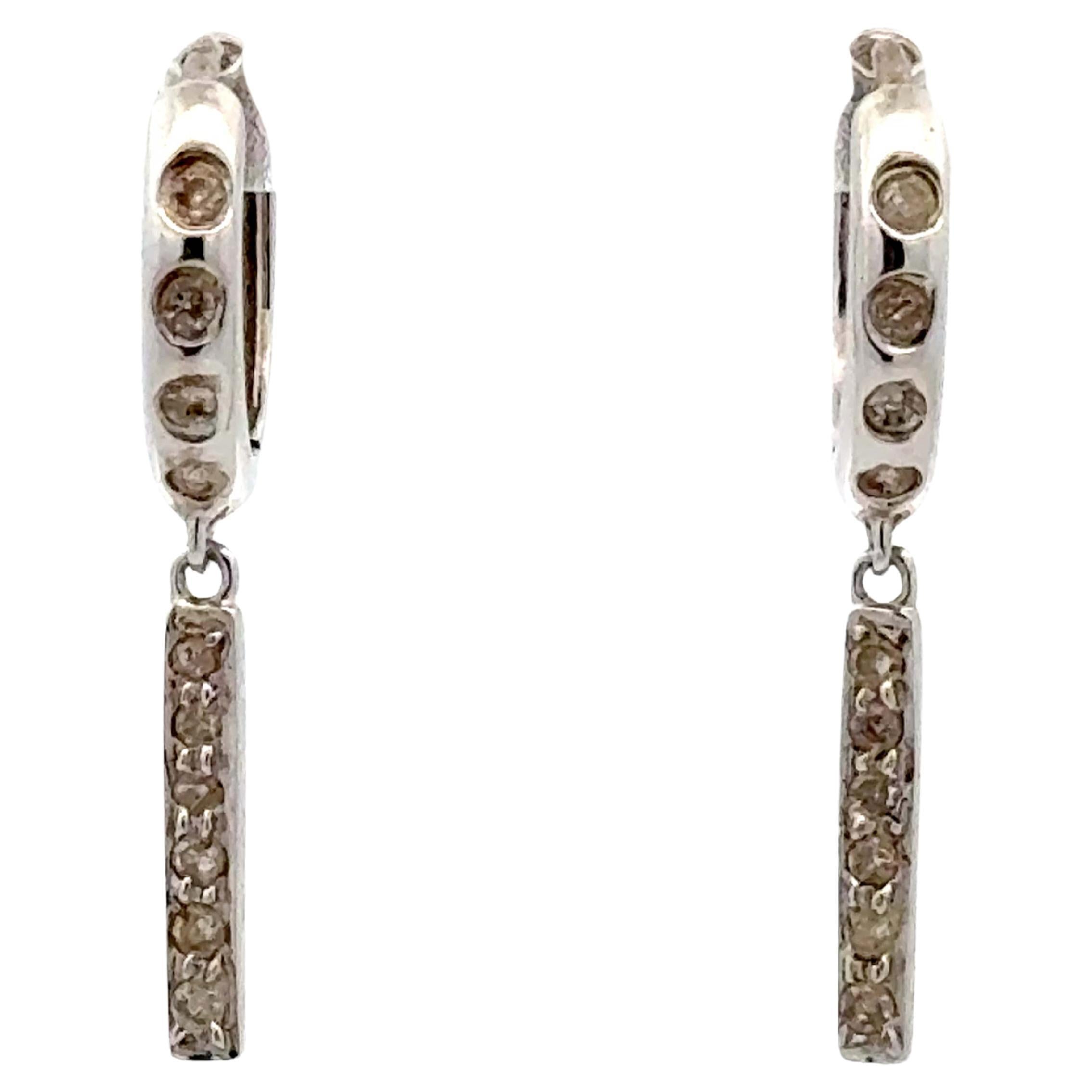 Dangly Diamond Hoop Earrings 14K Solid White Gold