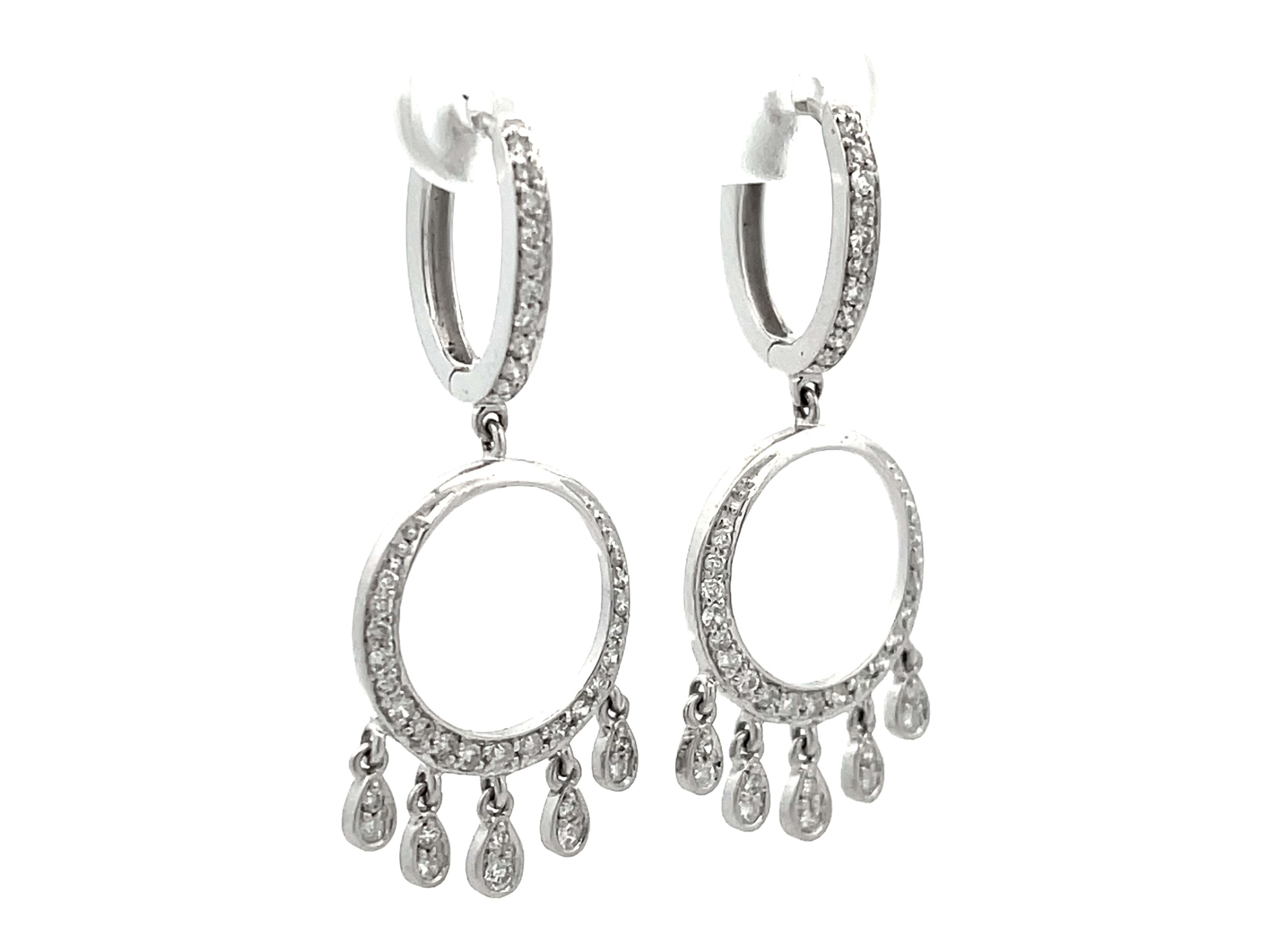 Modern Dangly Diamond Hoop Earrings 18K Solid White Gold For Sale