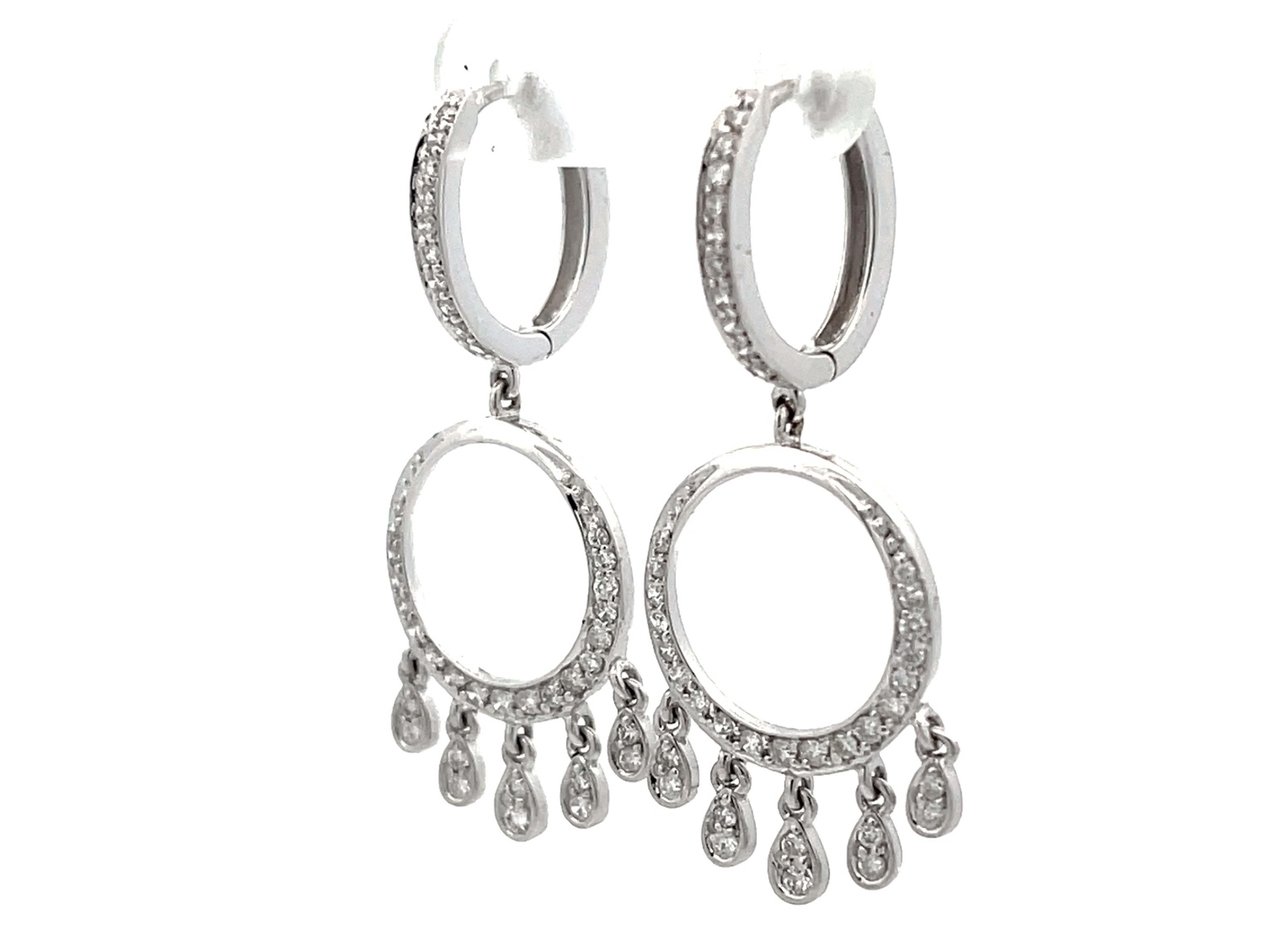 Brilliant Cut Dangly Diamond Hoop Earrings 18K Solid White Gold For Sale