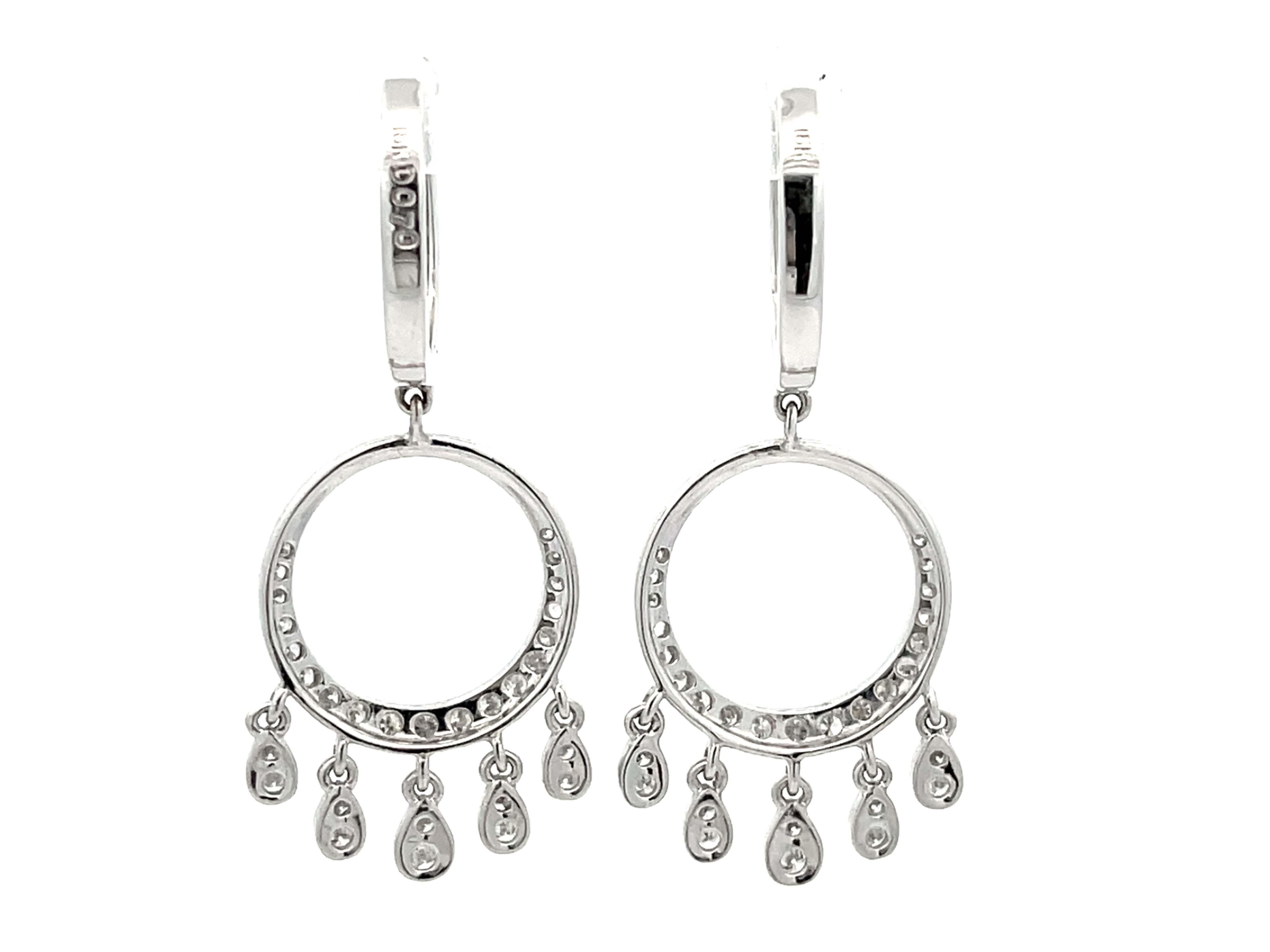 Dangly Diamond Hoop Earrings 18K Solid White Gold For Sale 1