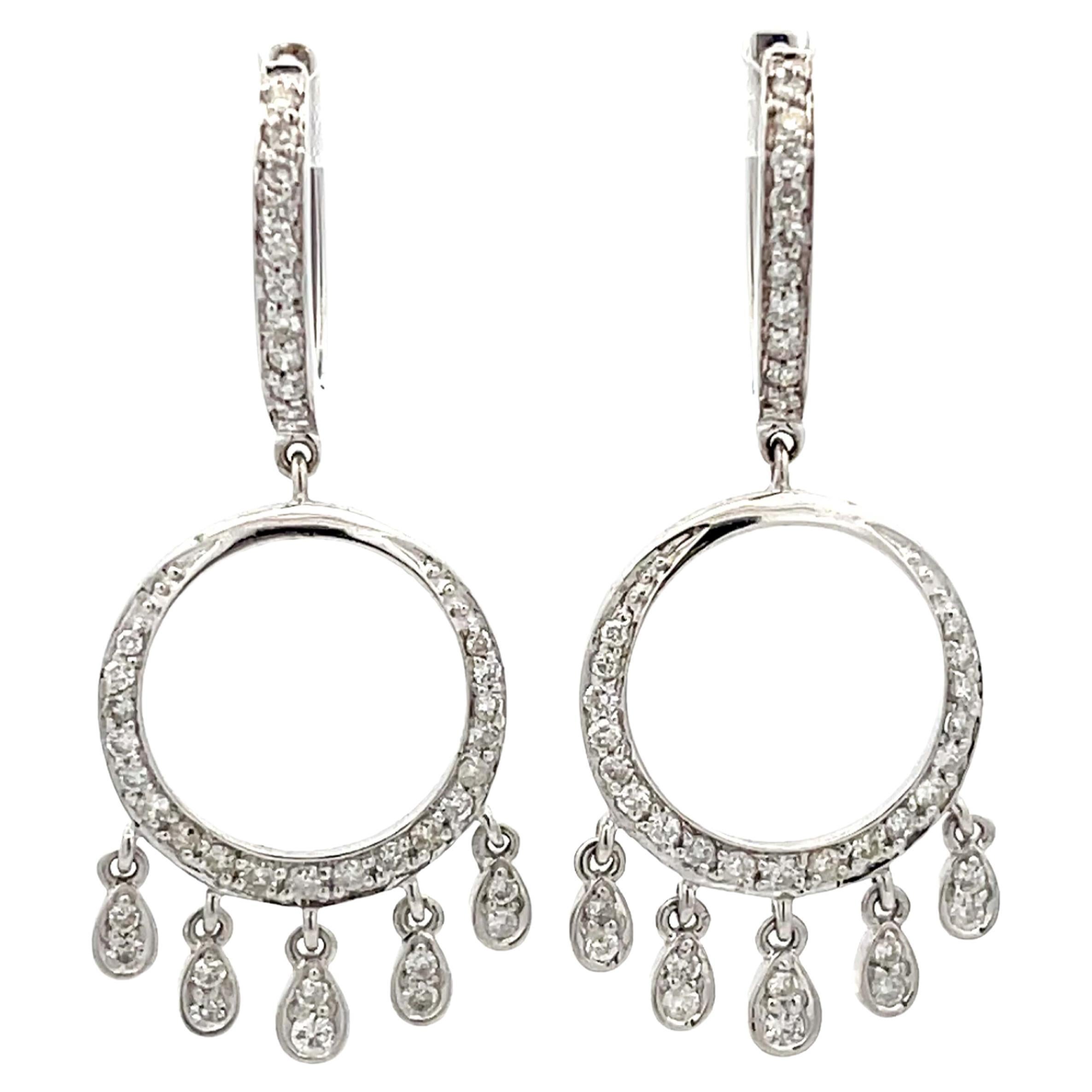 Dangly Diamond Hoop Earrings 18K Solid White Gold For Sale