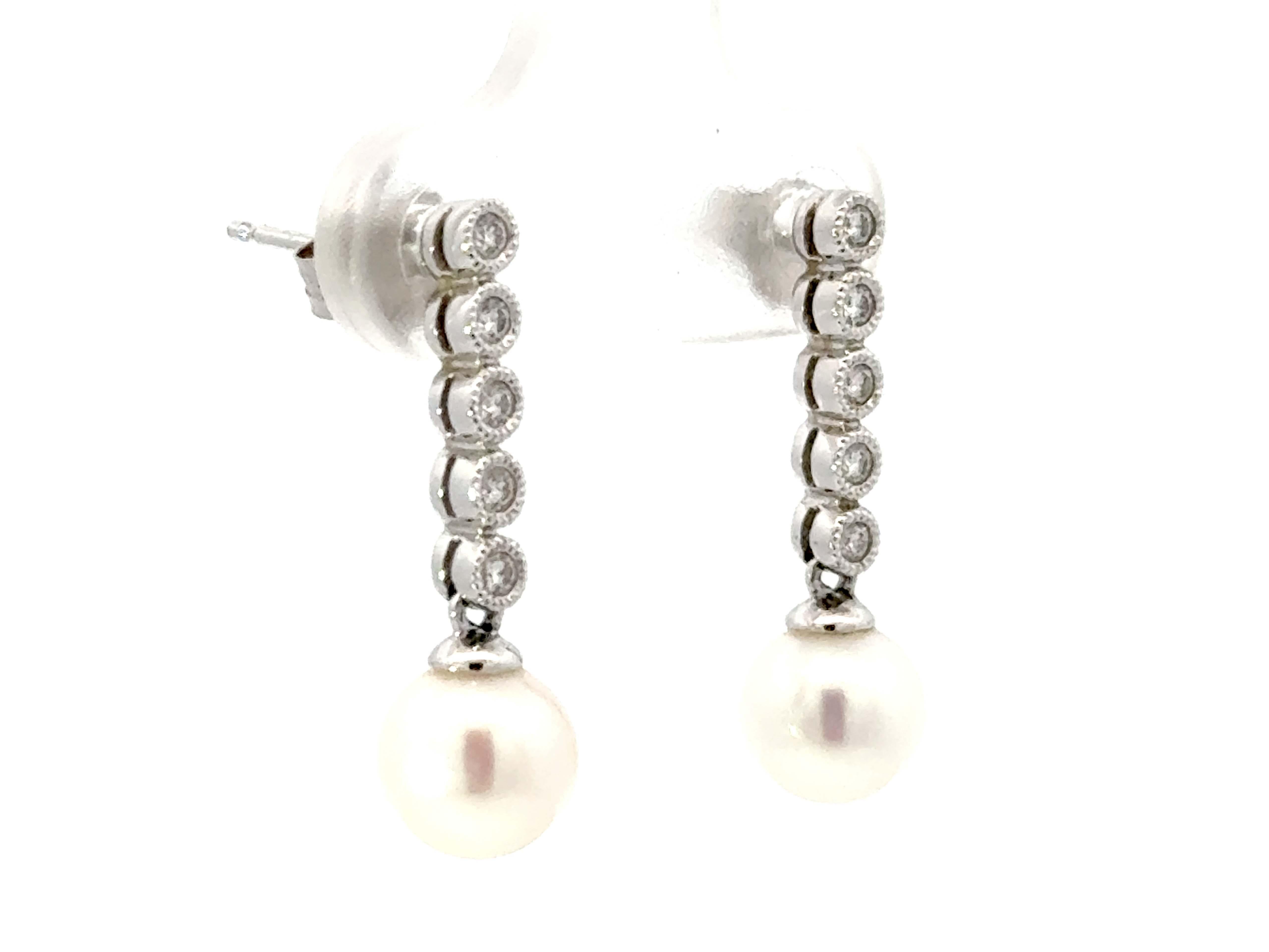 Modern Dangly Diamond Pearl Drop Earrings 14K White Gold For Sale