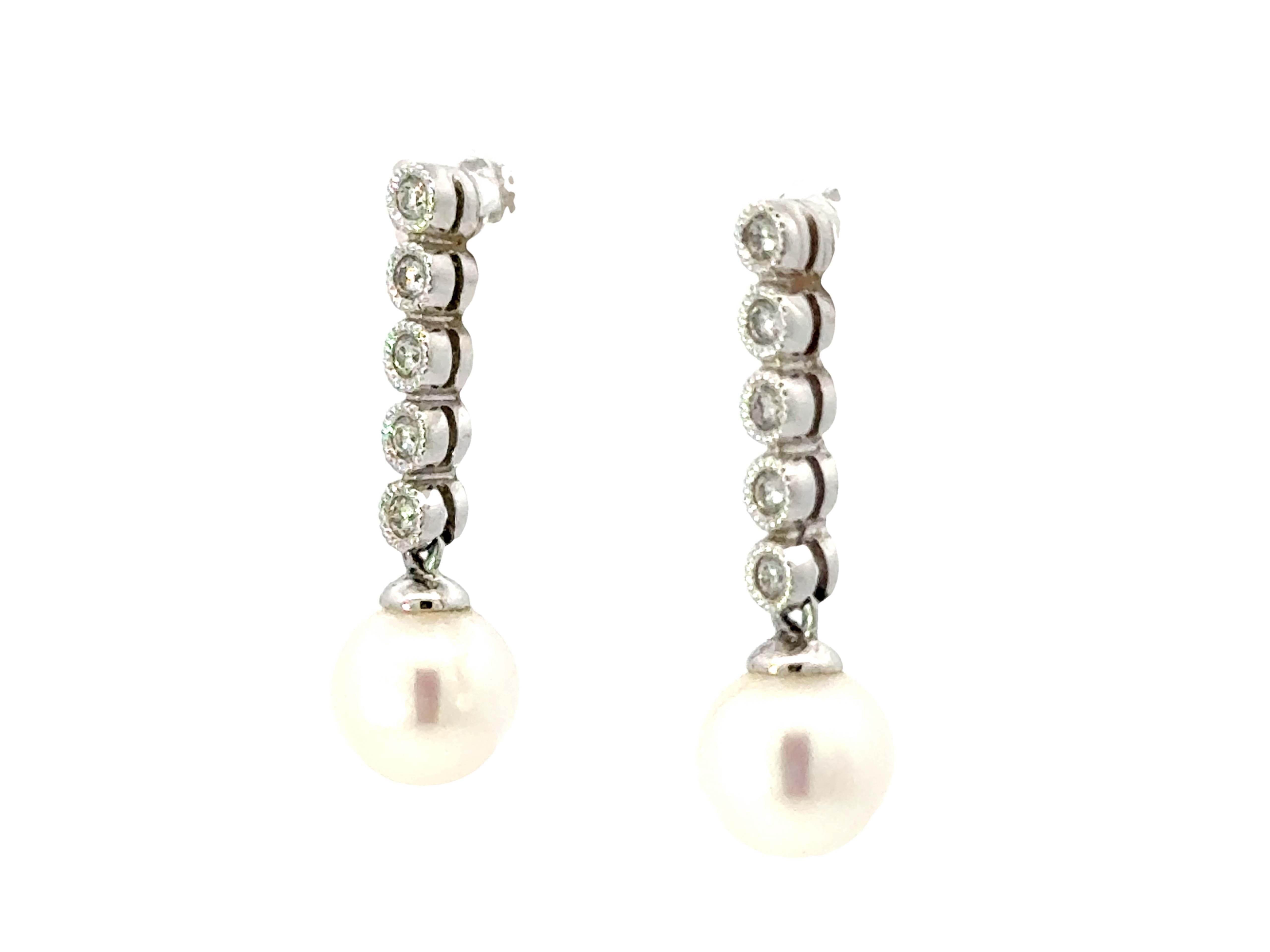 Brilliant Cut Dangly Diamond Pearl Drop Earrings 14K White Gold For Sale