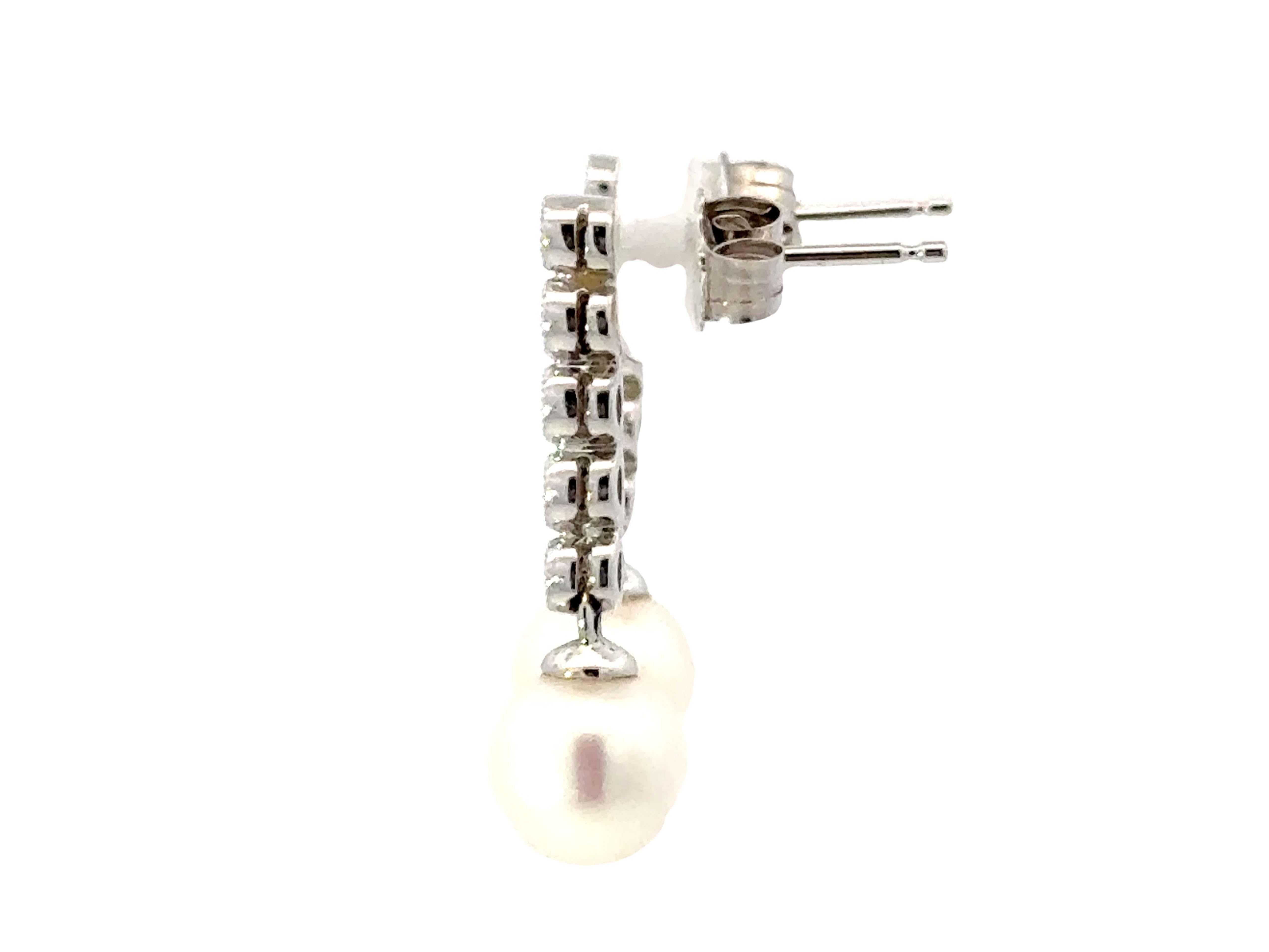 Women's Dangly Diamond Pearl Drop Earrings 14K White Gold For Sale