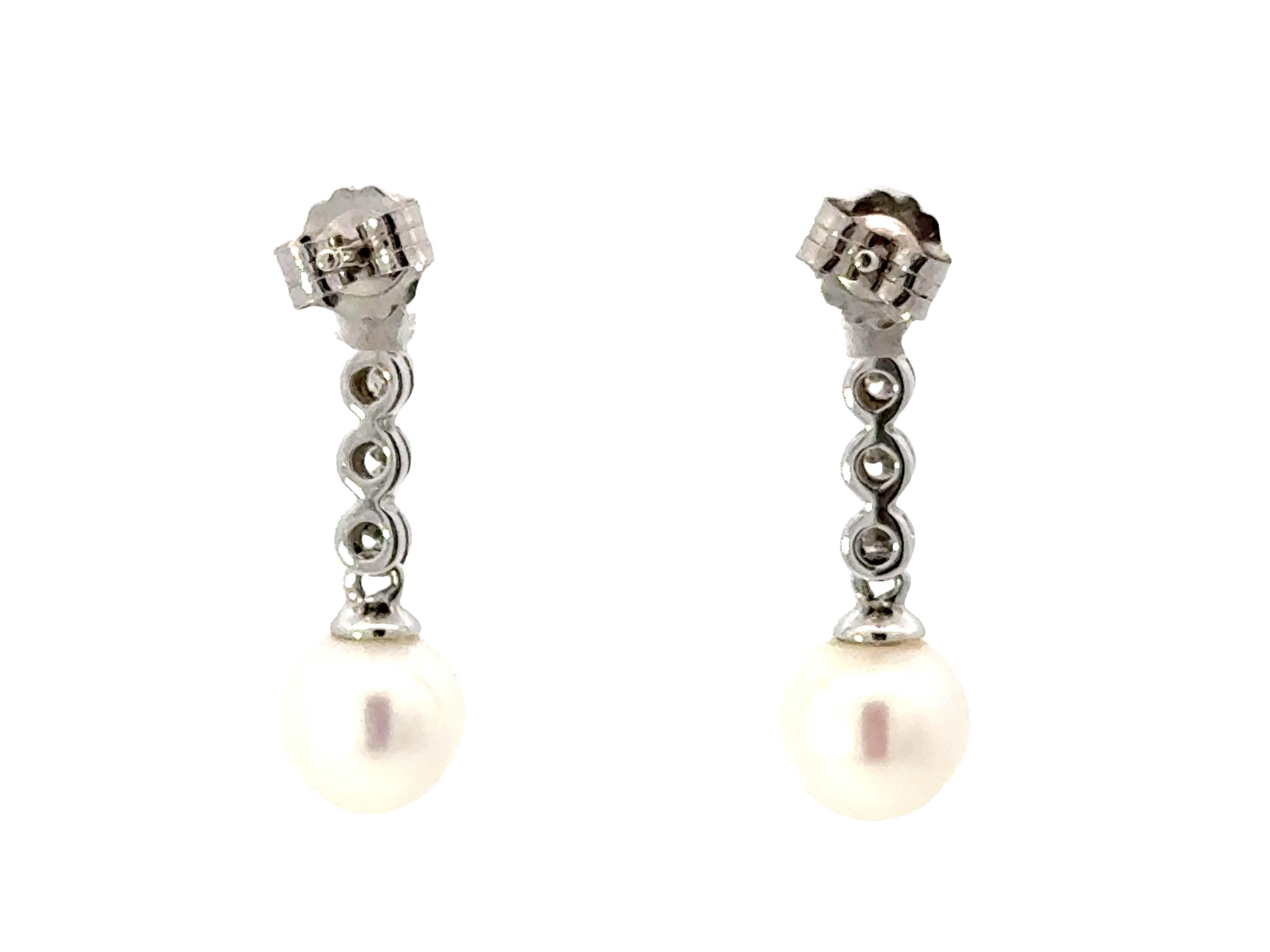Dangly Diamond Pearl Drop Earrings 14K White Gold For Sale 1