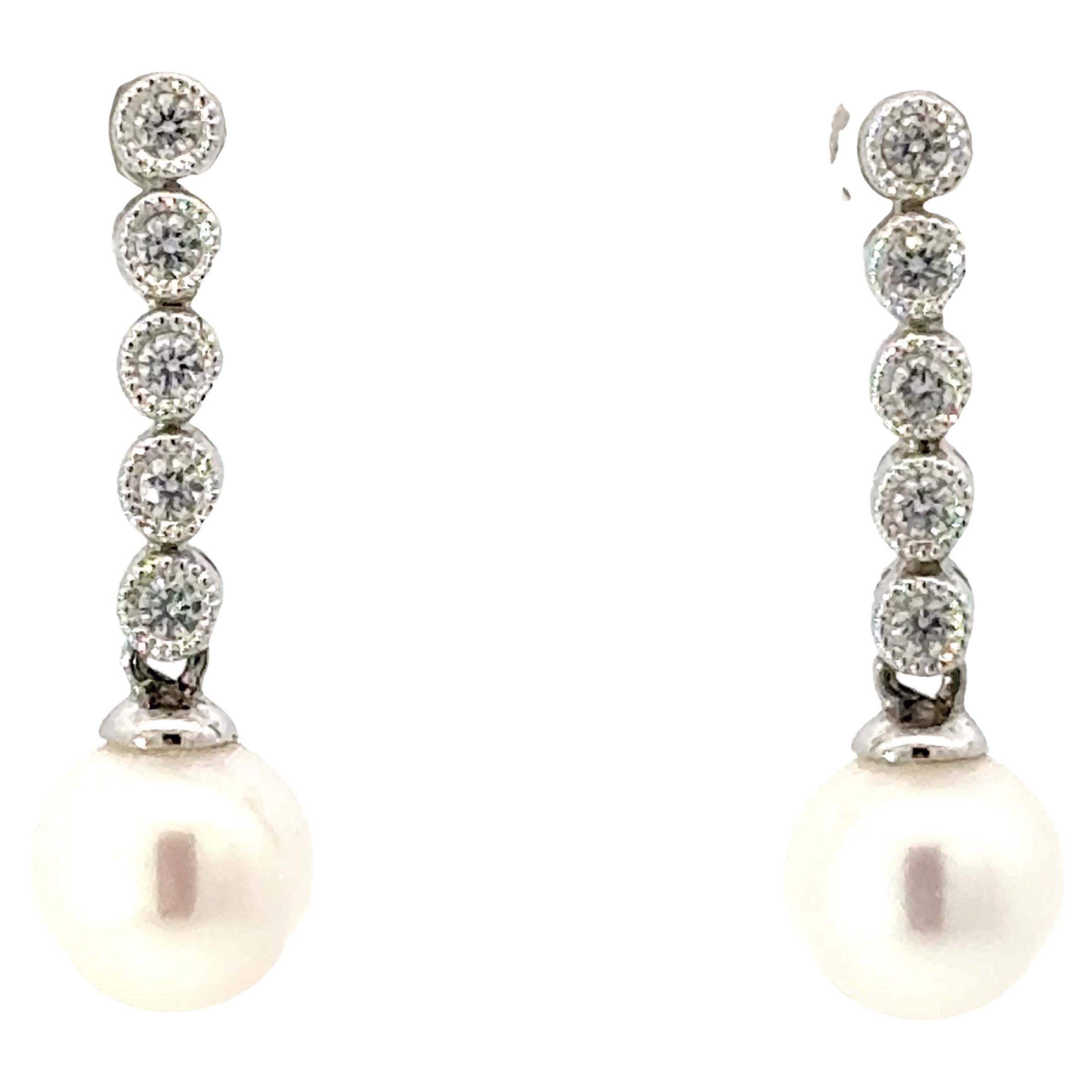 Dangly Diamond Pearl Drop Earrings 14K White Gold For Sale