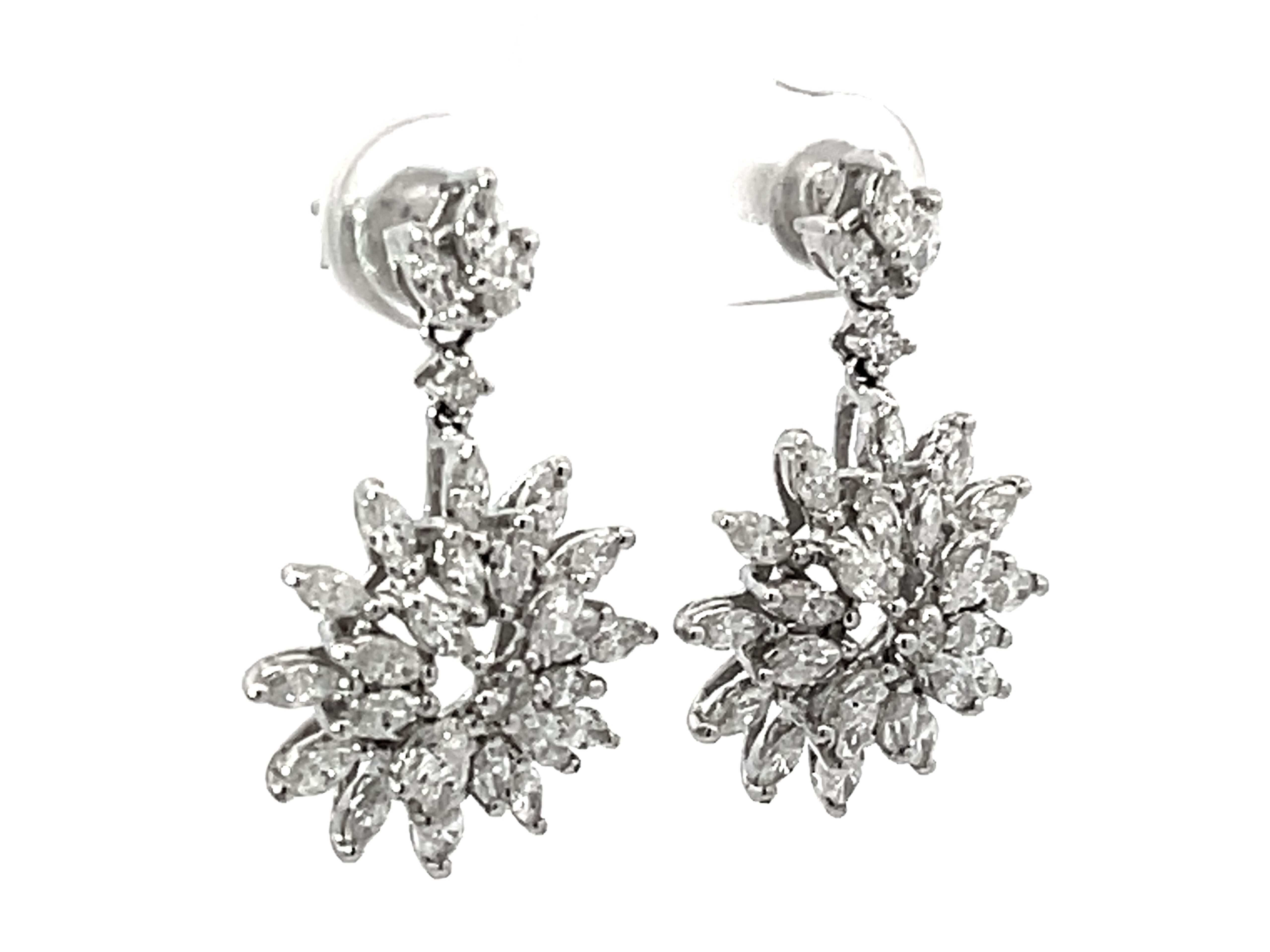 Modern Dangly Diamond Snowflake Earrings 18k White Gold For Sale