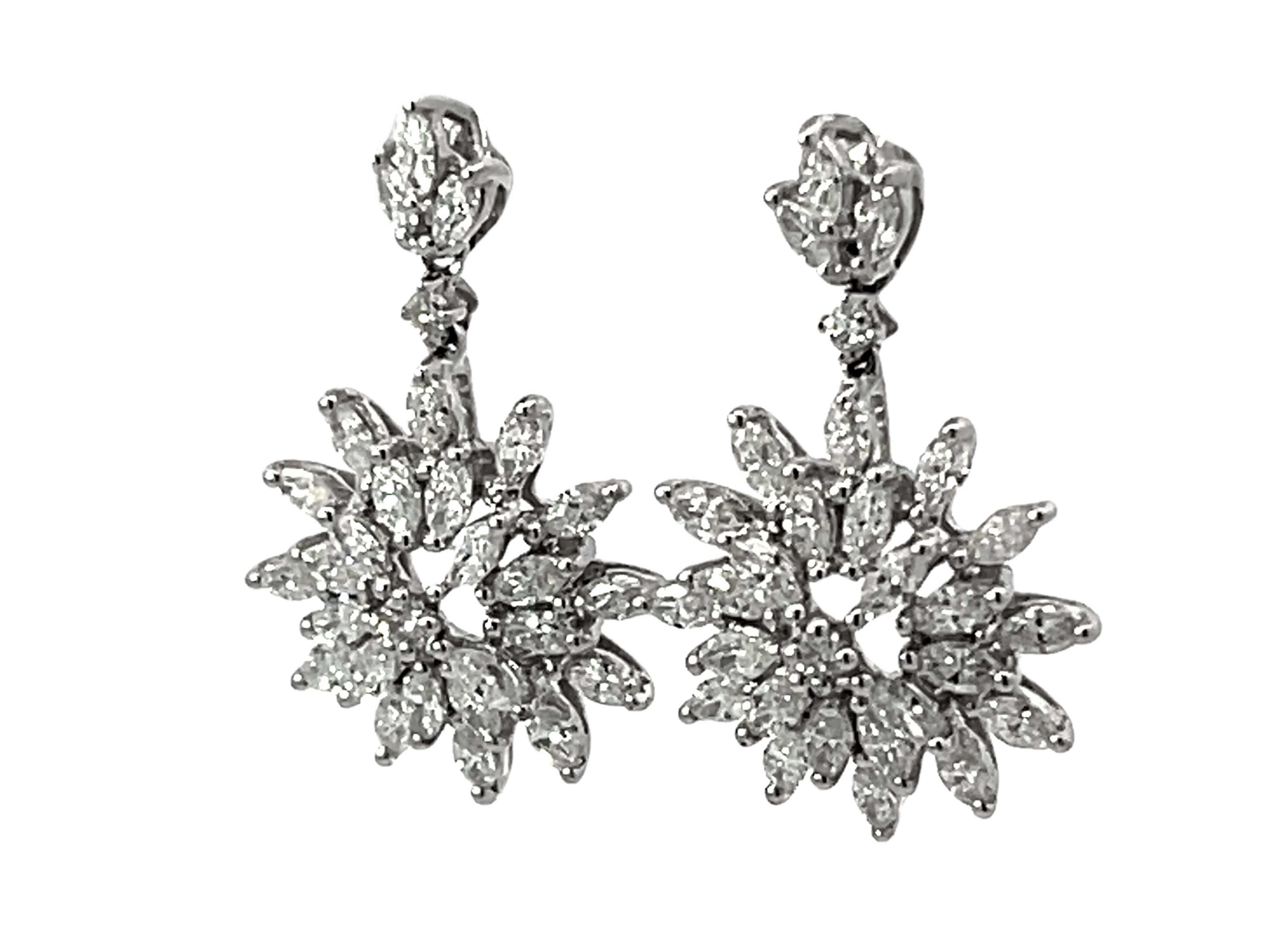 Brilliant Cut Dangly Diamond Snowflake Earrings 18k White Gold For Sale