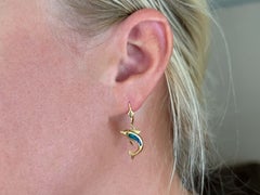 Dangly Dolphin Opal Inlay Earrings 14k Yellow Gold