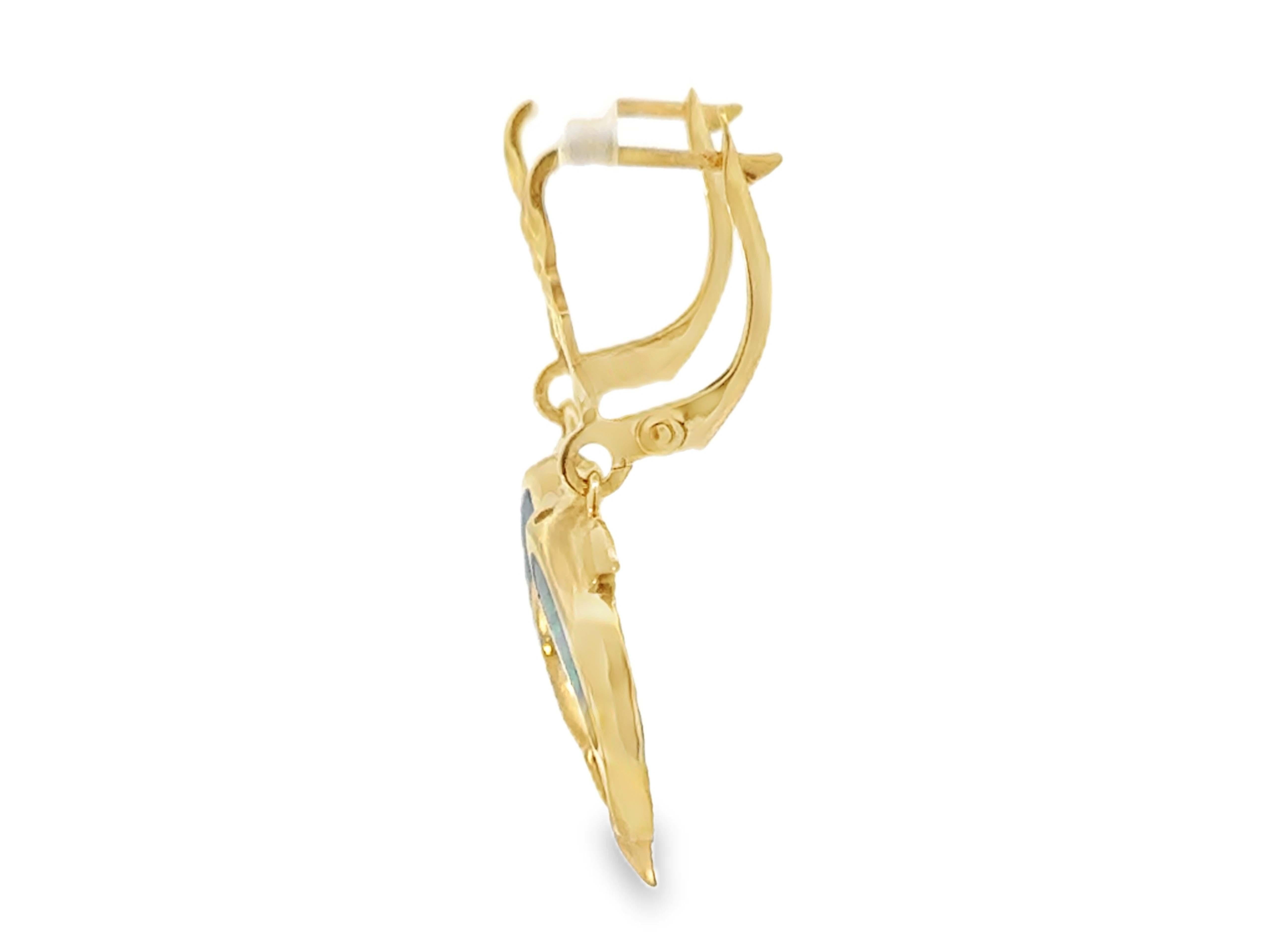 Women's Dangly Dolphin Opal Inlay Earrings 14k Yellow Gold
