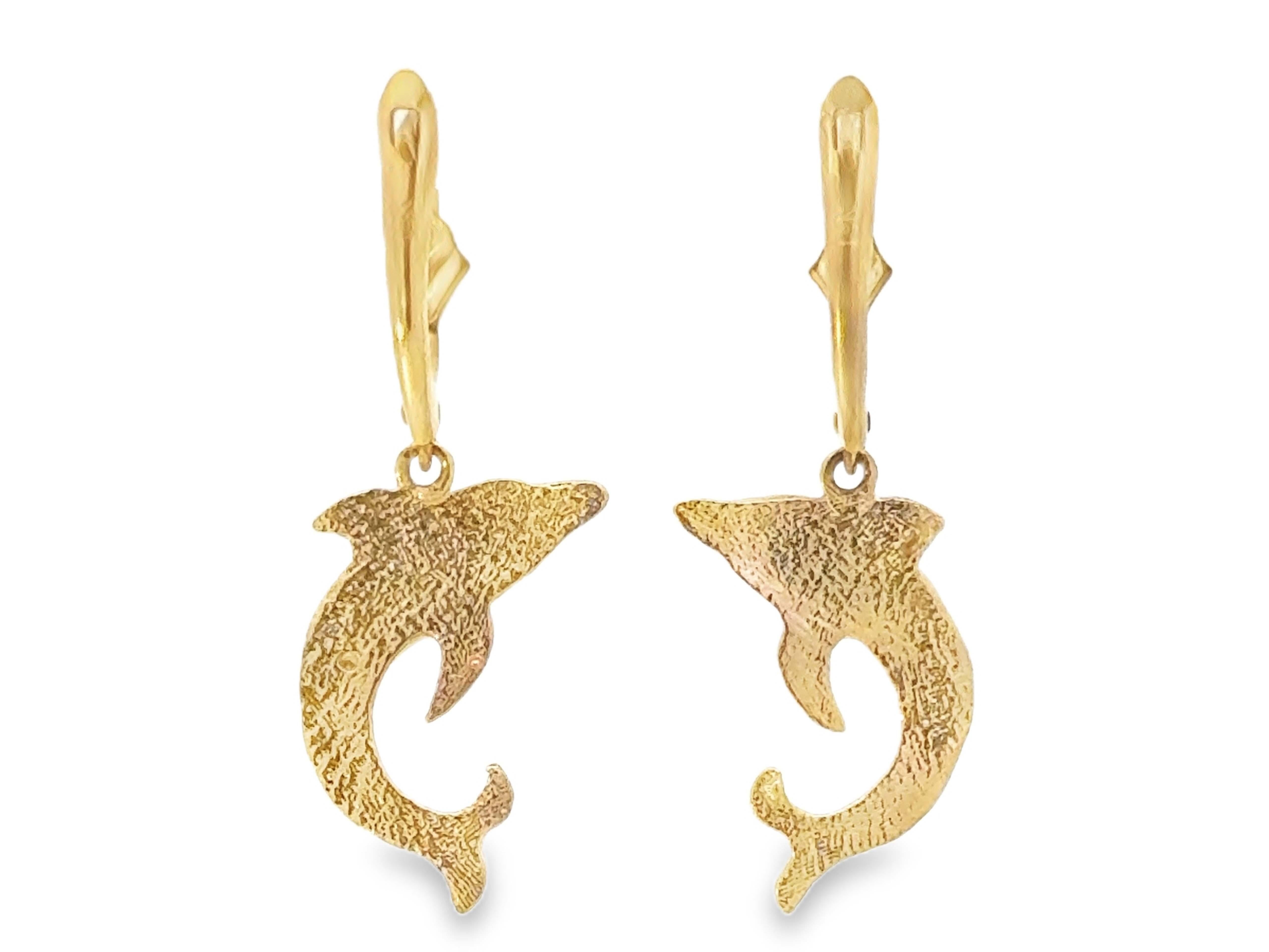 Dangly Dolphin Opal Inlay Earrings 14k Yellow Gold 1