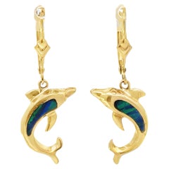 Dangly Dolphin Opal Inlay Earrings 14k Yellow Gold