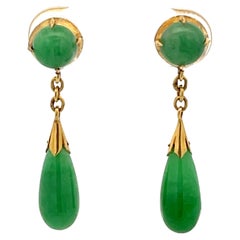 Dangly Jade Stud Drop Earrings 18k Yellow Gold