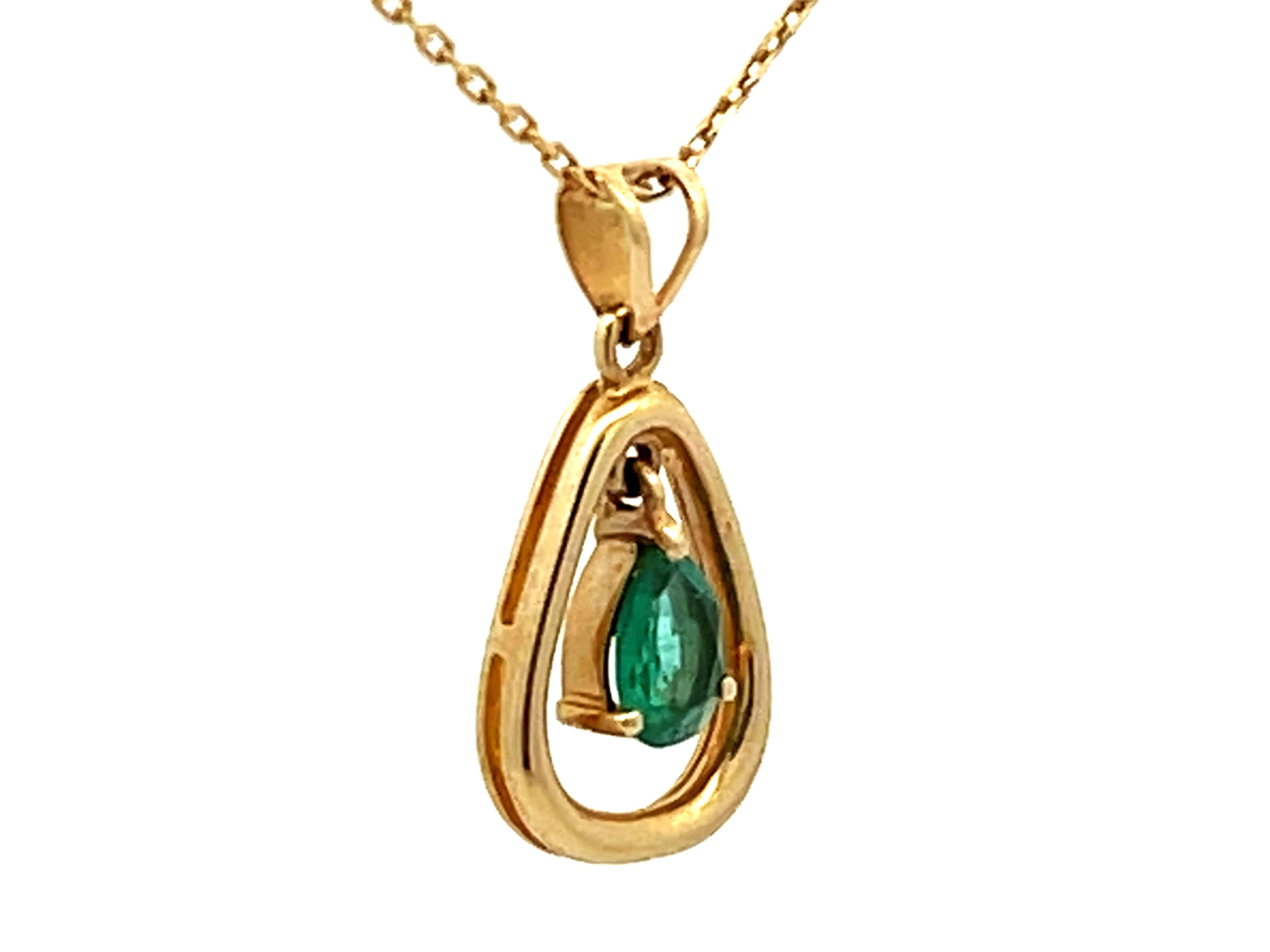 Modern Dangly Pear Shaped Emerald Necklace 14K Yellow Gold For Sale