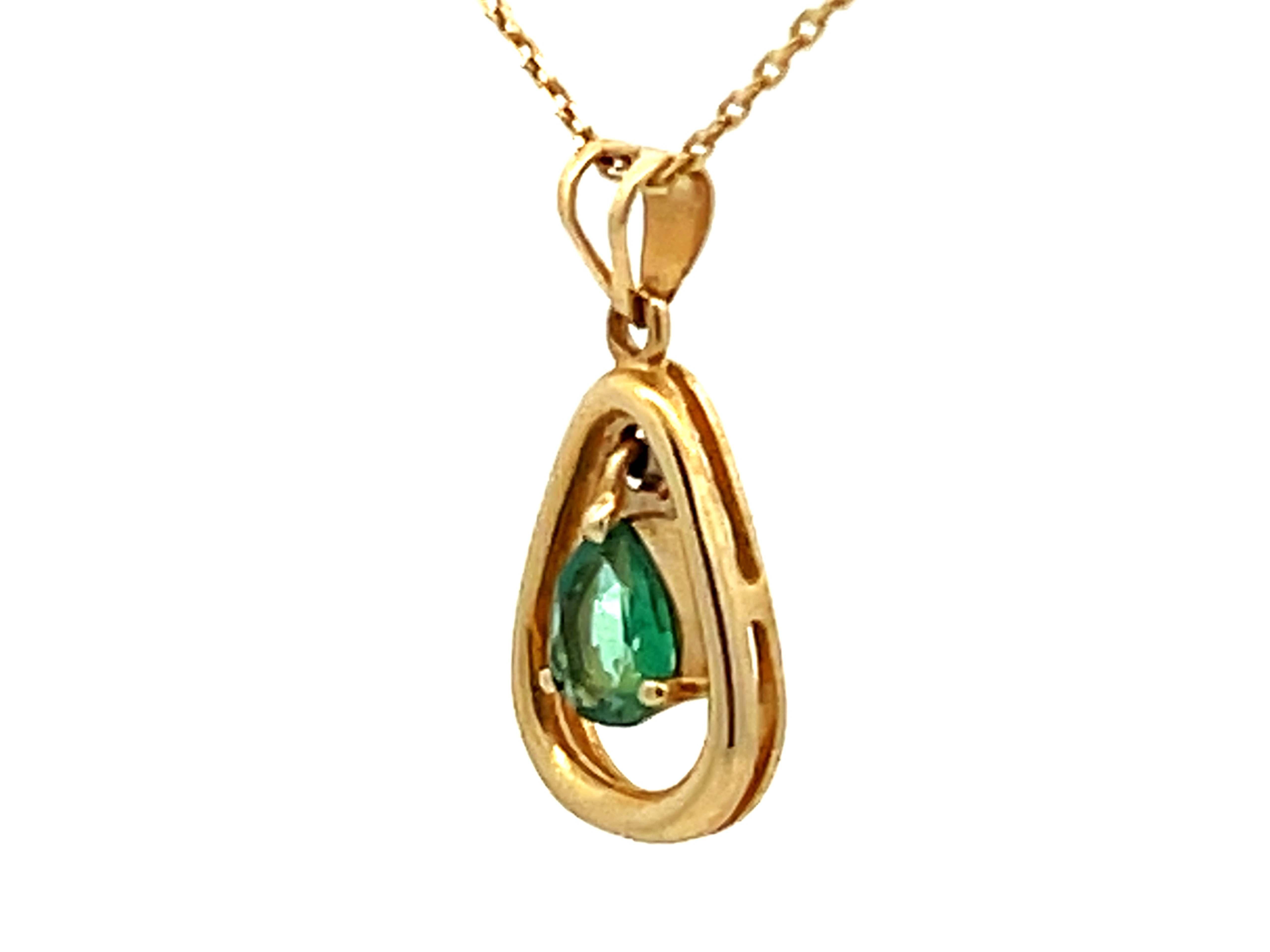 Pear Cut Dangly Pear Shaped Emerald Necklace 14K Yellow Gold For Sale